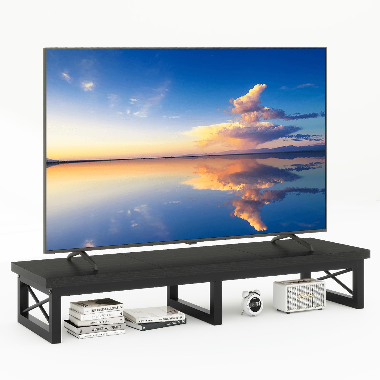 IBUYKE 45" Large TV Riser for 32-60 inch TV,Tabletop Short TV Stand with Storage and Steel Legs,Dual Screen Office Desk,Stand Riser,TV Riser Stand for Home,Bedroom,Living Room,Rustic Brown TVT002H