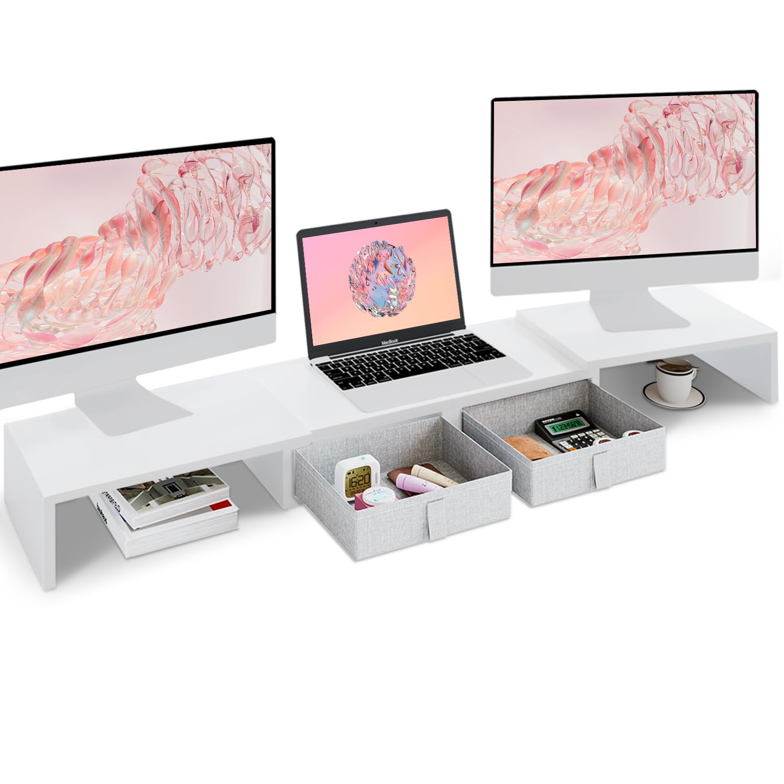 TEAMIX Dual Monitor Stand Riser - Length and Angle Adjustable White Monitor Stand with 2 Drawers to Storage Large Computer Riser for 2 Monitors/Laptop/PC, Wood Screen/TV Stand Desk Organizer (Brown)