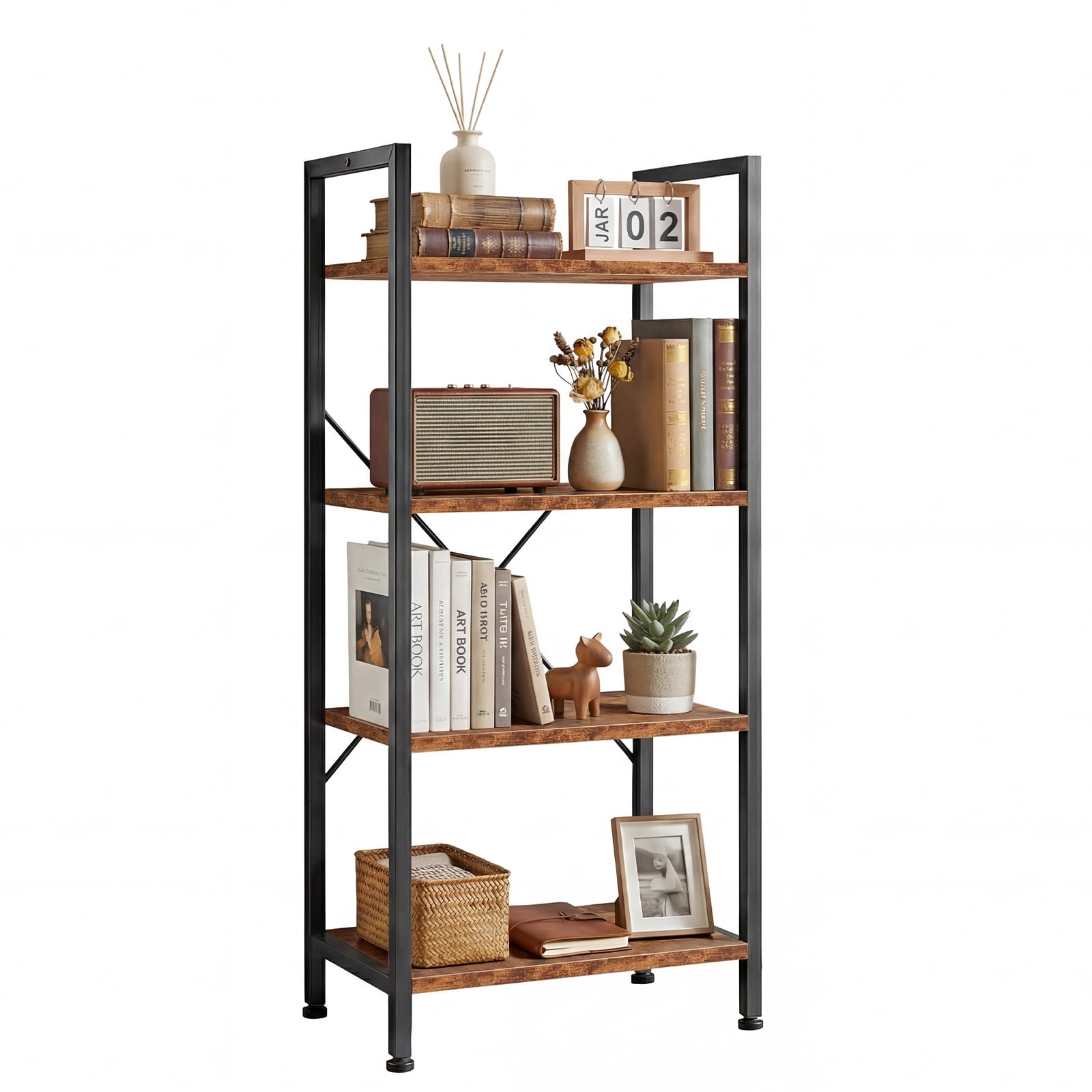 5 Tier Bookshelf, Free Standing Wooden Bookcase with Open Storage Shelves with Metal Frame, Sturdy Shelf Organization Display Rack for Living Room, Bedroom, Home Office, 62.2" Tall, Brown