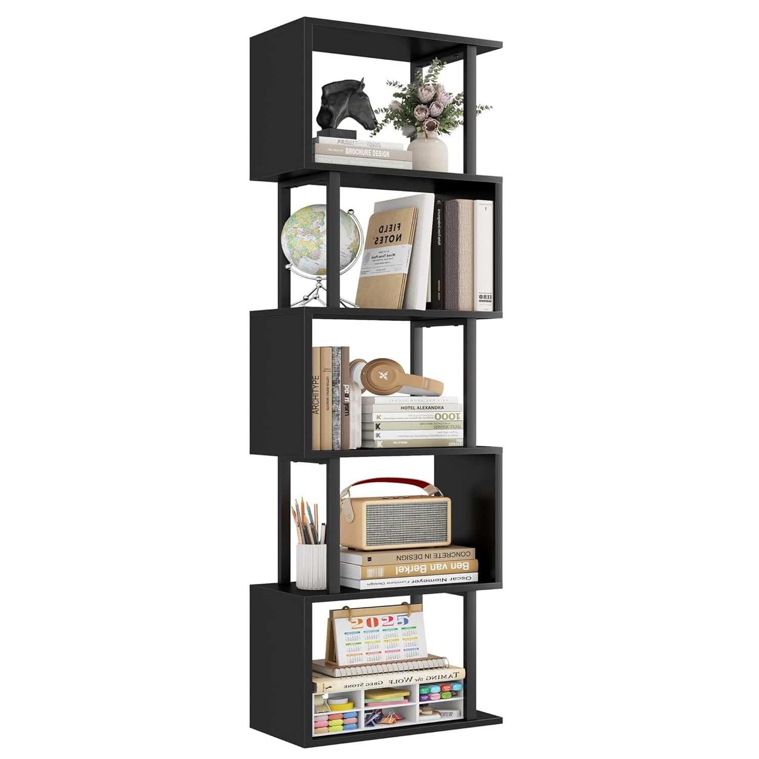 Gadroad 5 Tier Geometric Bookcase,S Shaped Bookshelf, Wood Decorative Storage Shelving, Modern Freestanding Display Shelves, Tall Book Shelf Unit for Living Room Bedroom, White