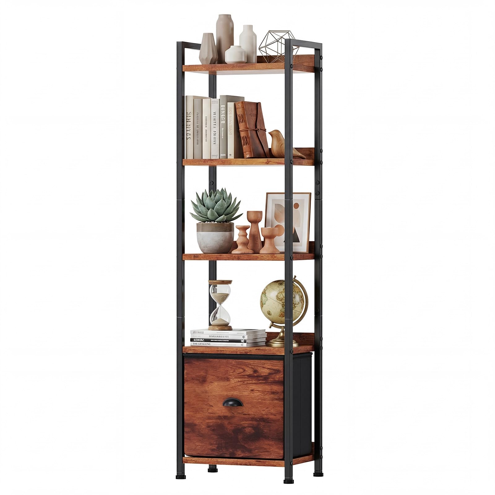 Sweetcrispy Book Shelf, 5 Tier Bookcase, Modern Tall Bookshelf Corner Storage Organizer for Garage Kit, CDs, Movies Suitable Home Office Bedroom, Kitchen, Living Room - Brown