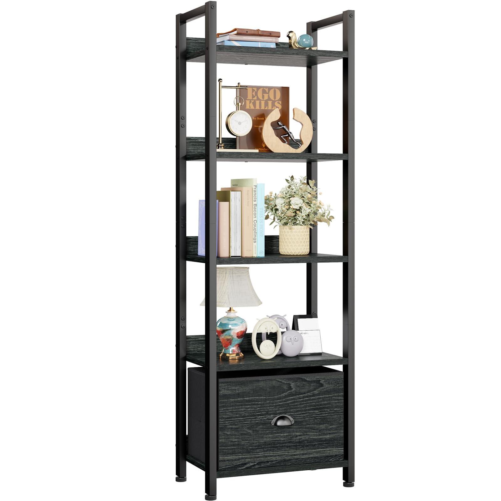 Furologee 5 Tier Bookshelf with Drawer, Tall Narrow Bookcase with Shelves, Wood and Metal Bookshelves Storage Organizer, Industrial Display Standing Shelf Unit for Bedroom, Living Room, Rustic Brown