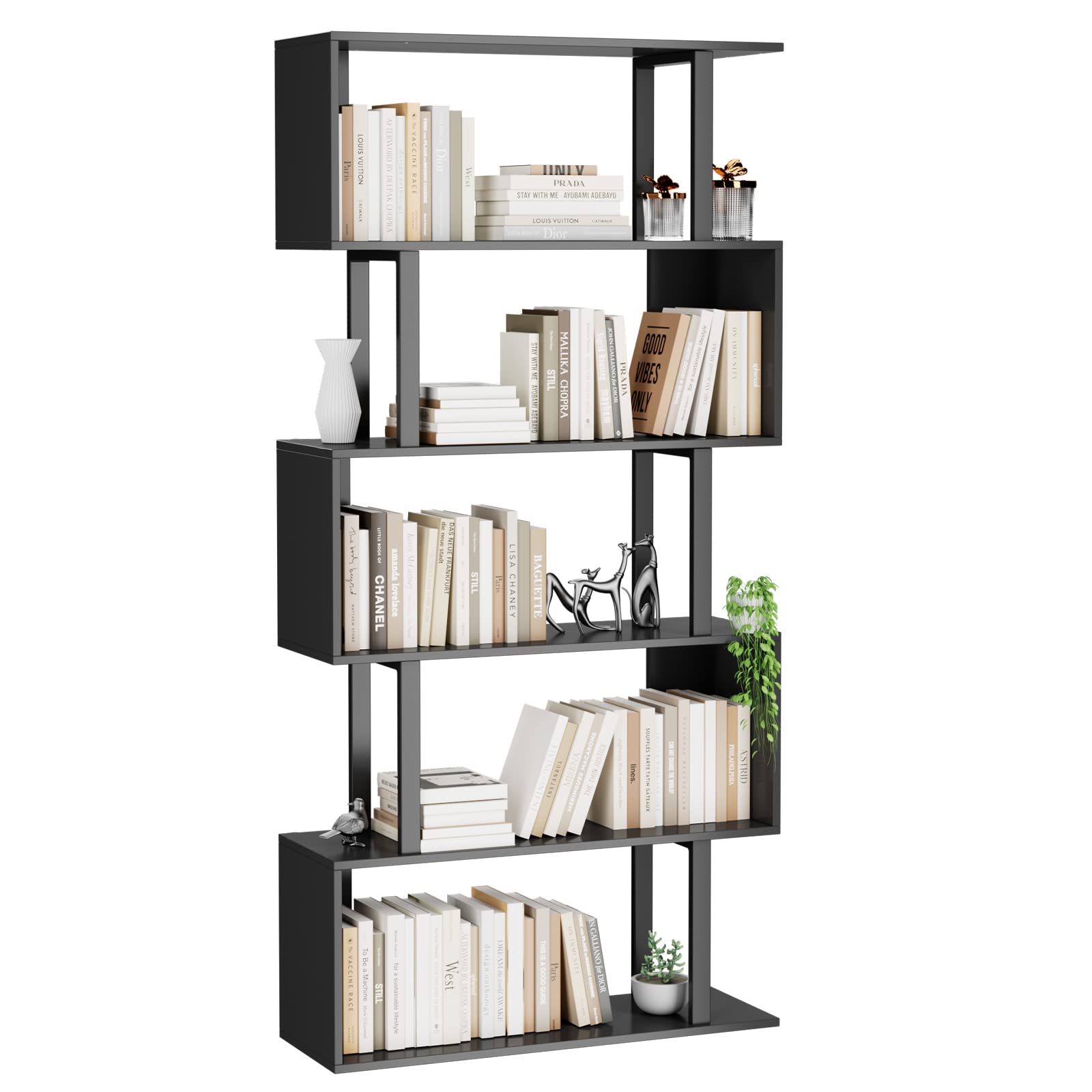 Gadroad 5 Tier Geometric Bookcase,S Shaped Bookshelf, Wood Decorative Storage Shelving, Modern Freestanding Display Shelves, Tall Book Shelf Unit for Living Room Bedroom, White