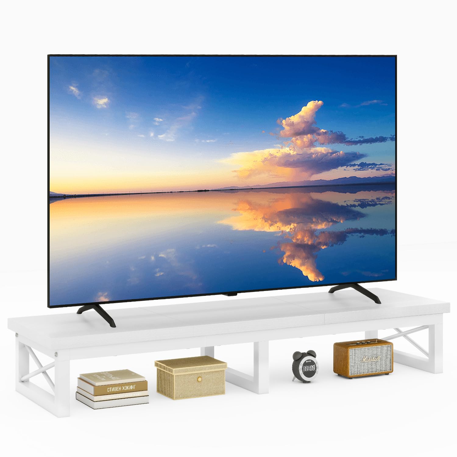 IBUYKE 45" Large TV Riser for 32-60 inch TV,Tabletop Short TV Stand with Storage and Steel Legs,Dual Screen Office Desk,Stand Riser,TV Riser Stand for Home,Bedroom,Living Room,Rustic Brown TVT002H