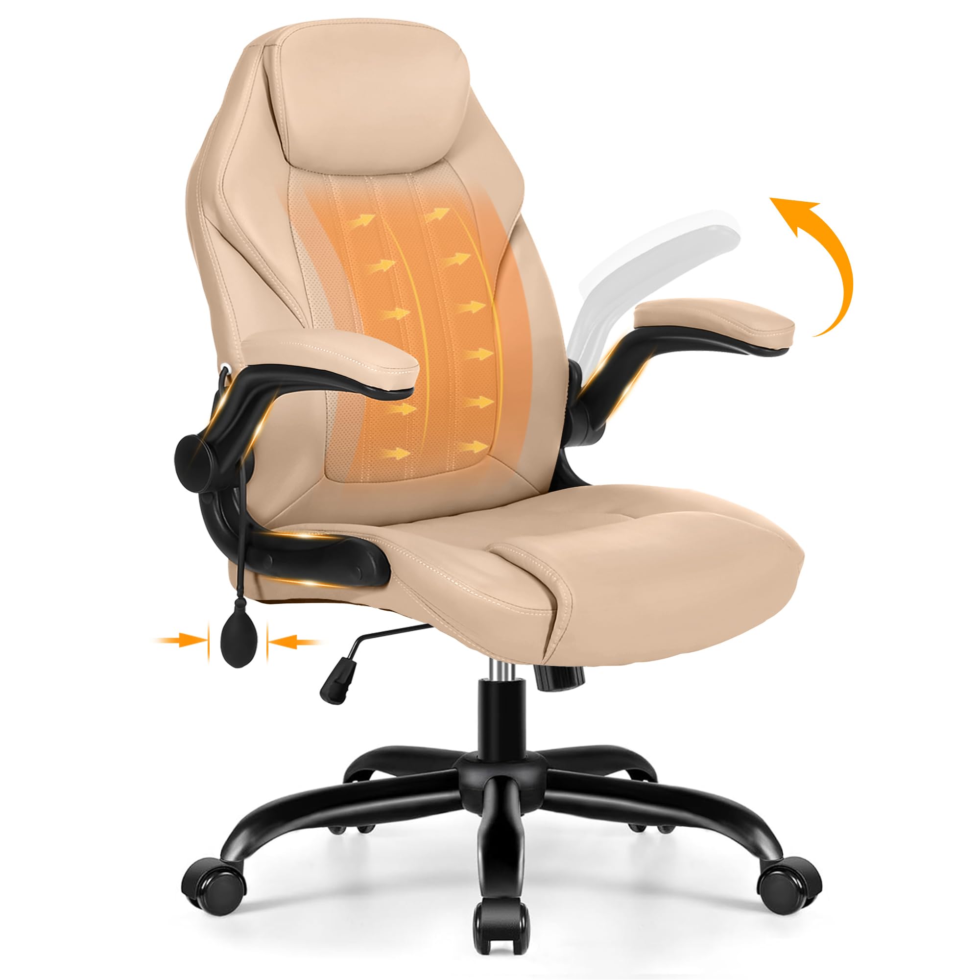 Office Desk Chair, Ergonomic Computer Chair with Padded Flip-Up Arms and Adjustable Lumbar Support, PU Leather Executive Chair with Tilt Lock and 360° Swivel Rolling Wheels for Work, Study