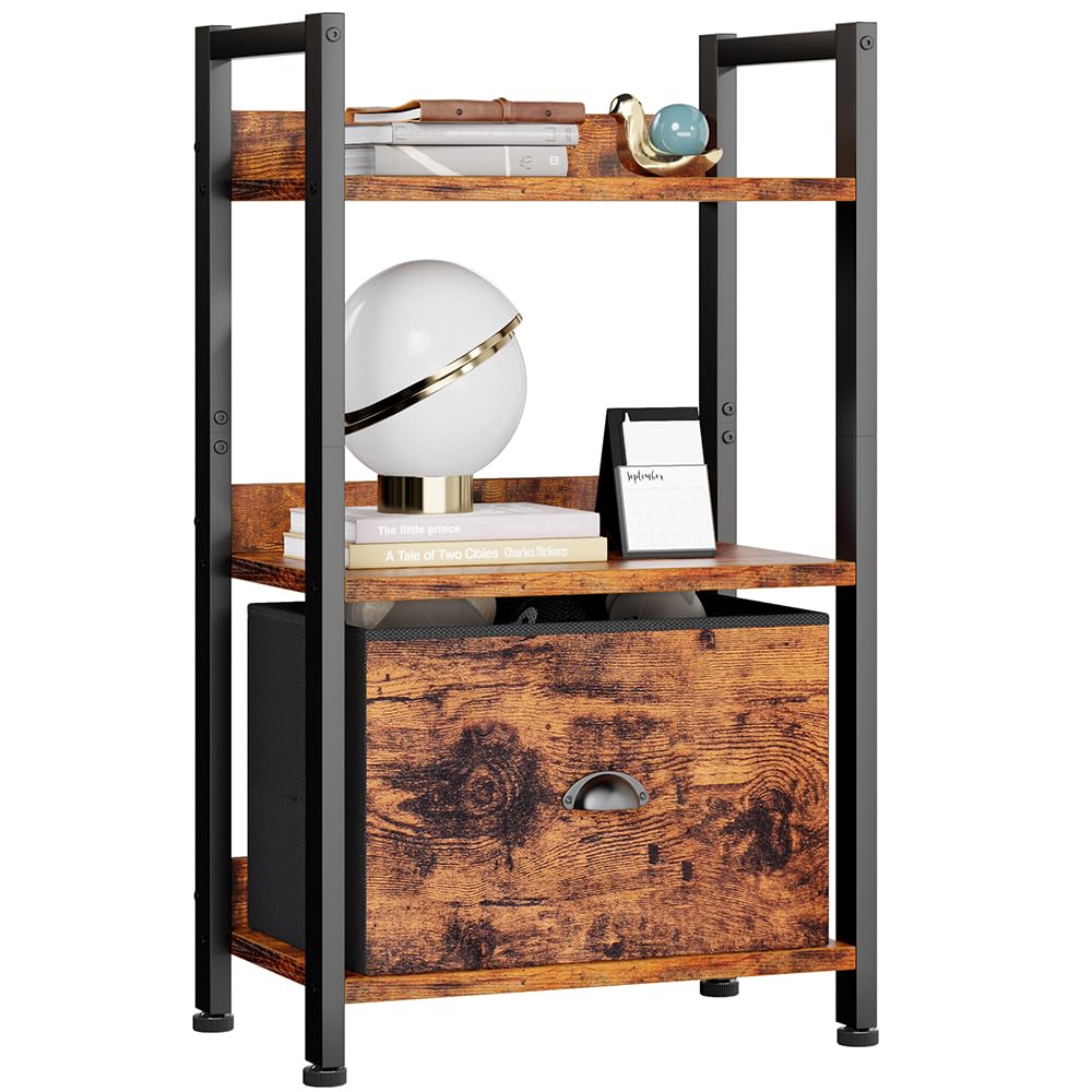 Furologee 5 Tier Bookshelf with Drawer, Tall Narrow Bookcase with Shelves, Wood and Metal Bookshelves Storage Organizer, Industrial Display Standing Shelf Unit for Bedroom, Living Room, Rustic Brown