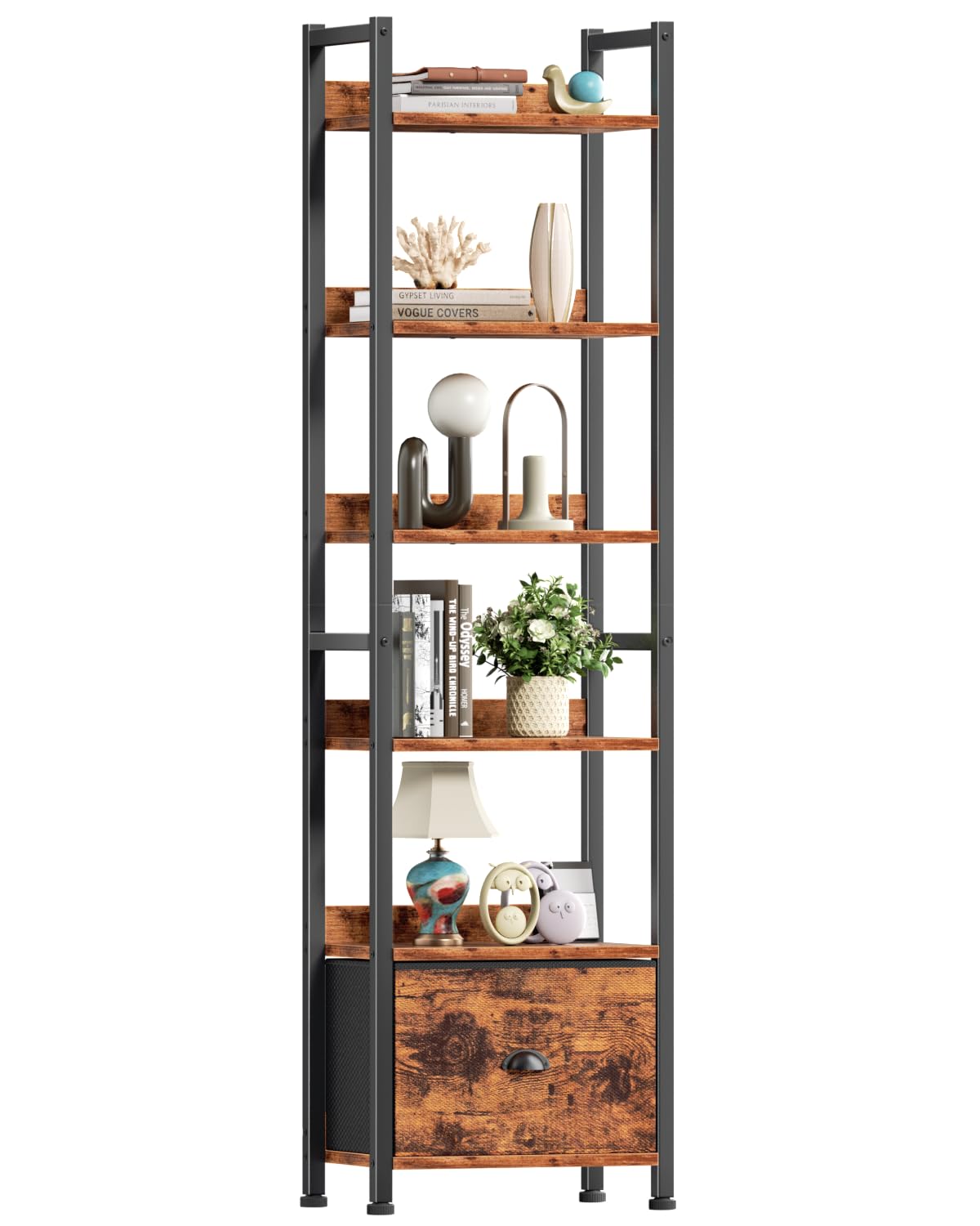 Furologee 5 Tier Bookshelf with Drawer, Tall Narrow Bookcase with Shelves, Wood and Metal Bookshelves Storage Organizer, Industrial Display Standing Shelf Unit for Bedroom, Living Room, Rustic Brown