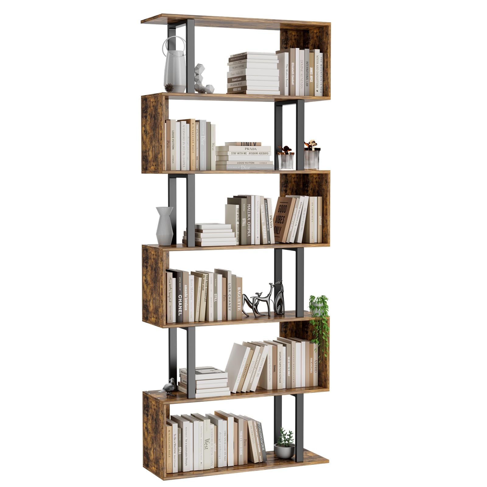 Gadroad 5 Tier Geometric Bookcase,S Shaped Bookshelf, Wood Decorative Storage Shelving, Modern Freestanding Display Shelves, Tall Book Shelf Unit for Living Room Bedroom, White