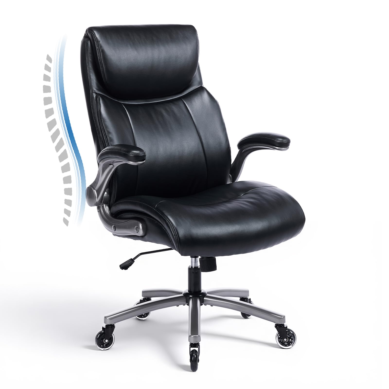 COLAMY High Back Executive Office Chair - Padded Leather Ergonomic Computer Desk Chair with Inflatable Lumbar Support & Flip-Up Arms, Adjustable Tilt Lock Swivel Task Chair for Home Office, Black