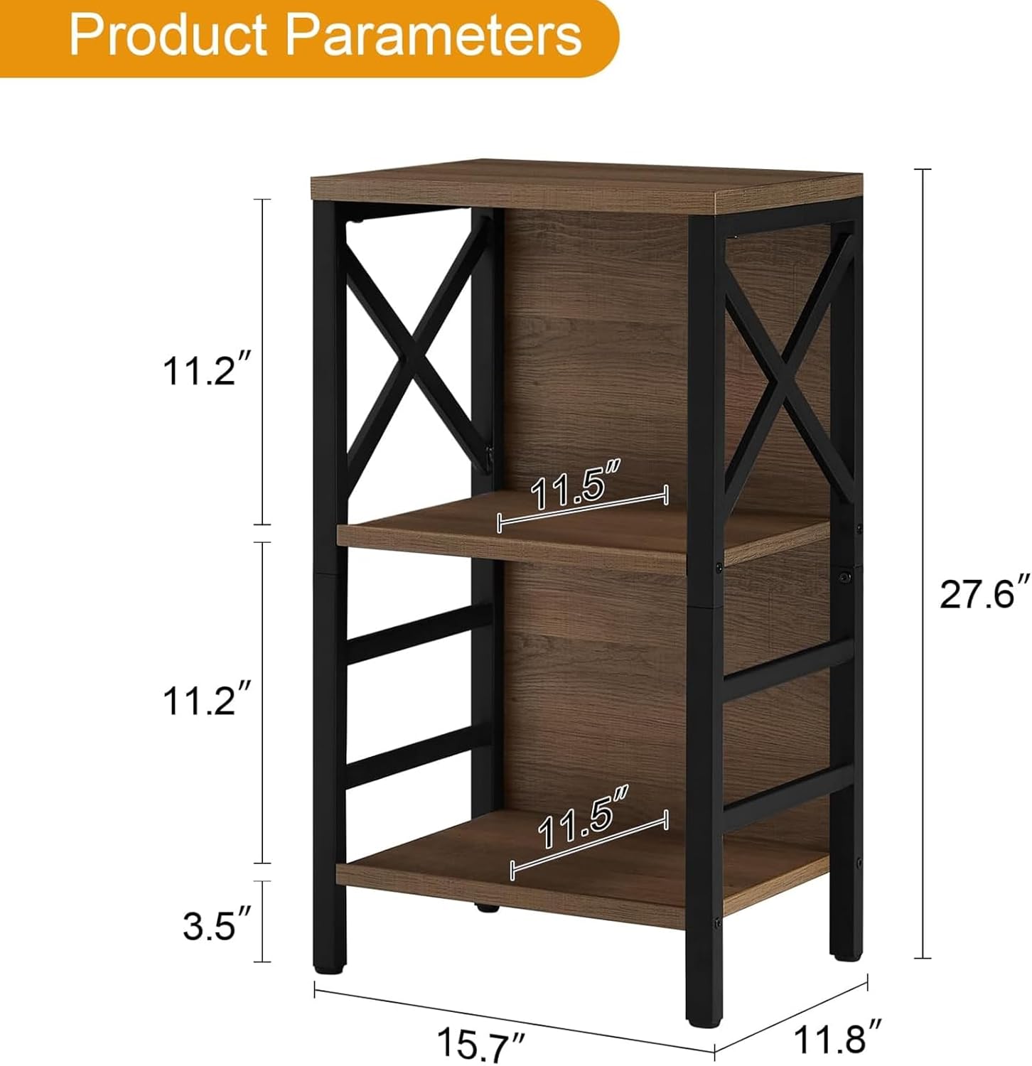 MNEETRUNG Small Bookshelf,3 Tier Industrial Bookcase with Metal Frame and Backboard,Low Rustic Brown Book Shelf,Book case for Small Spaces,Living Room,Bedroom and Home Office