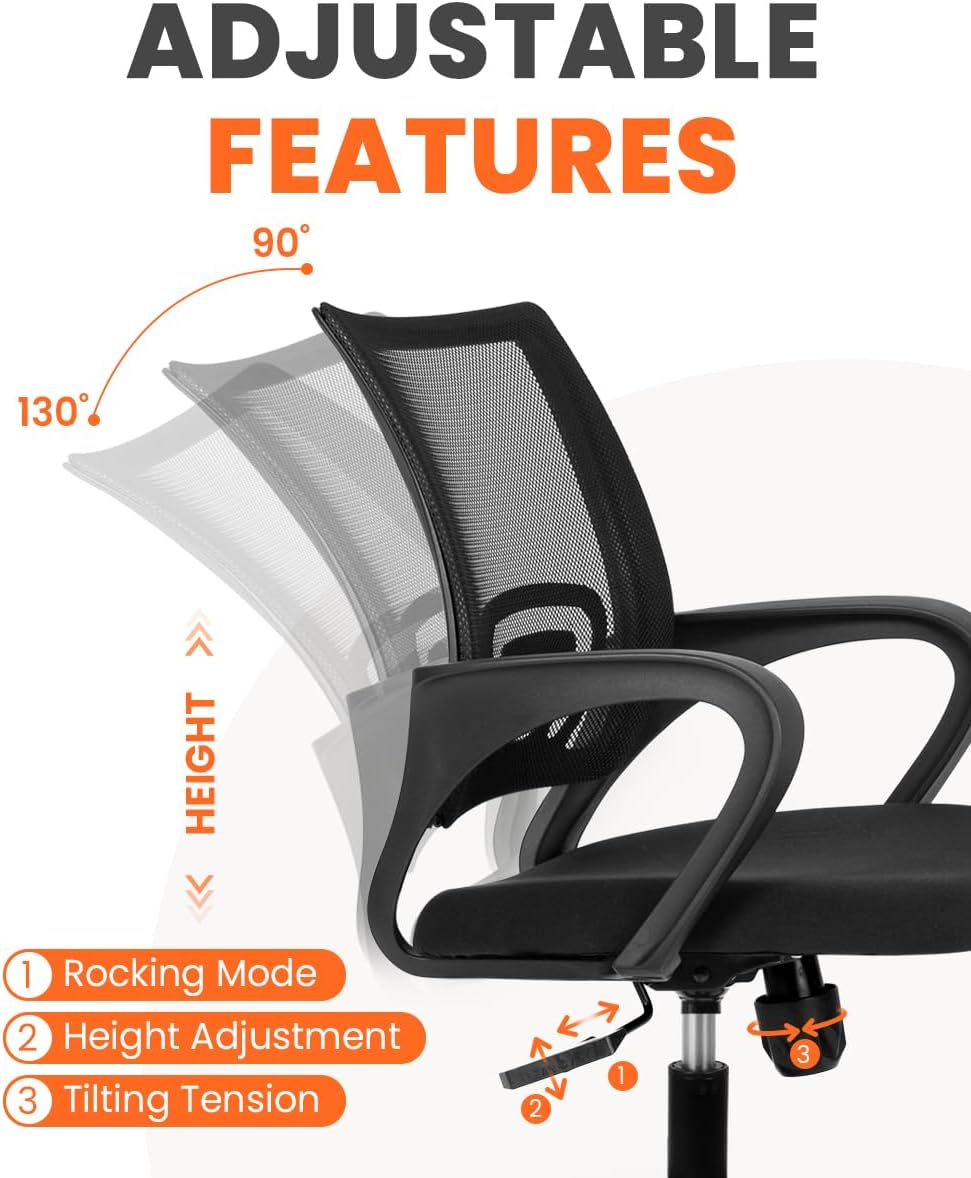NEO CHAIR Office Desk Computer Chair Ergonomic Mesh Gaming Cushion Seat with Comfy Lumbar Mid Back Support Adjustable Height Swivel Rolling Wheels for Home Task (Black)