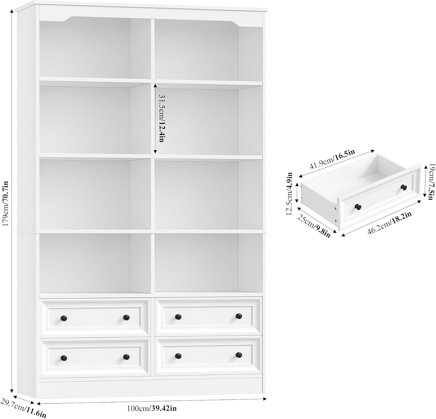 FINETONES 71" Tall Bookshelf with 4 Drawers, 6-Tier Double Wide Bookshelves and Bookcases with Storage, White Bookshelf Large Open Bookshelves Standing Book Cabinet for Home Office, White