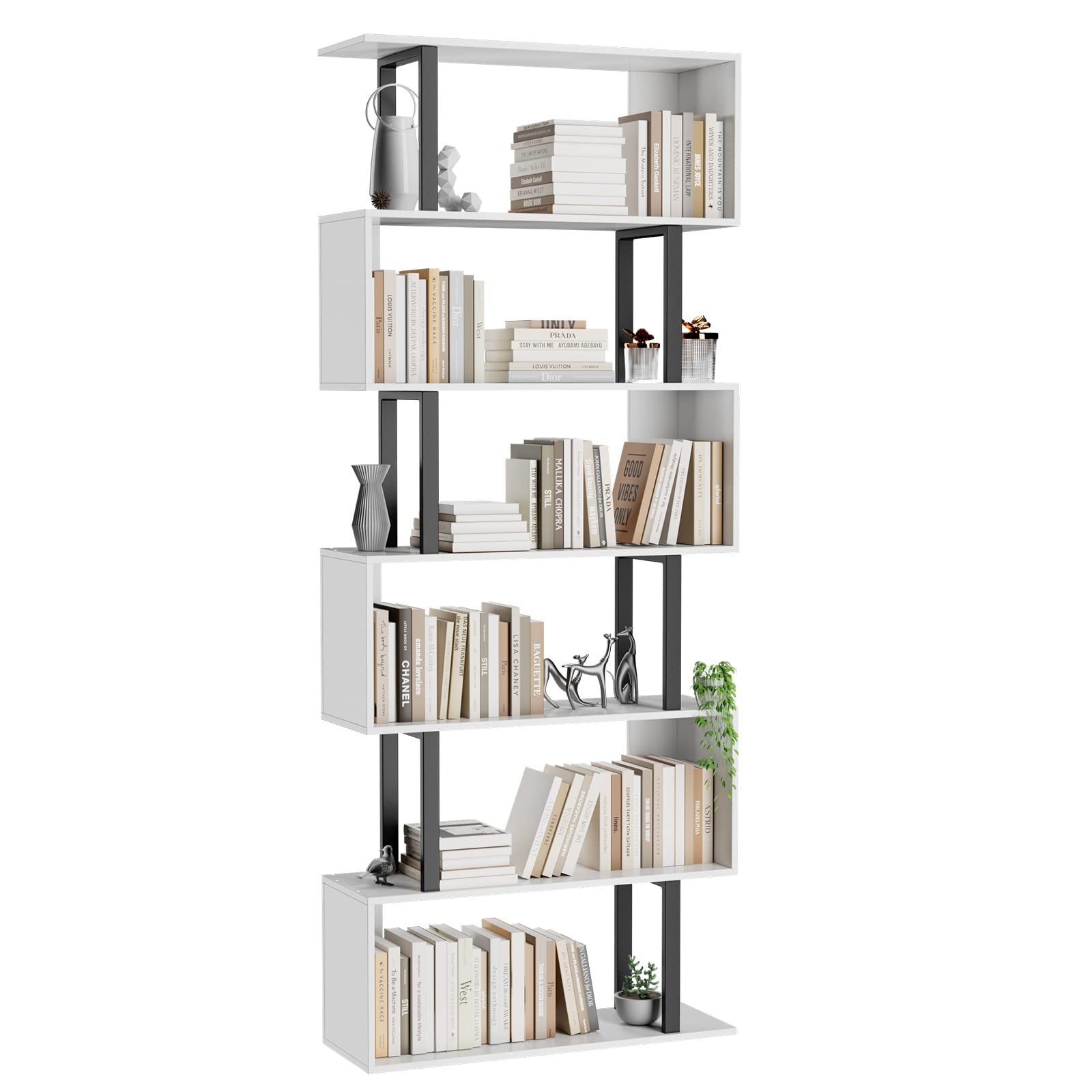 Gadroad 5 Tier Geometric Bookcase,S Shaped Bookshelf, Wood Decorative Storage Shelving, Modern Freestanding Display Shelves, Tall Book Shelf Unit for Living Room Bedroom, White