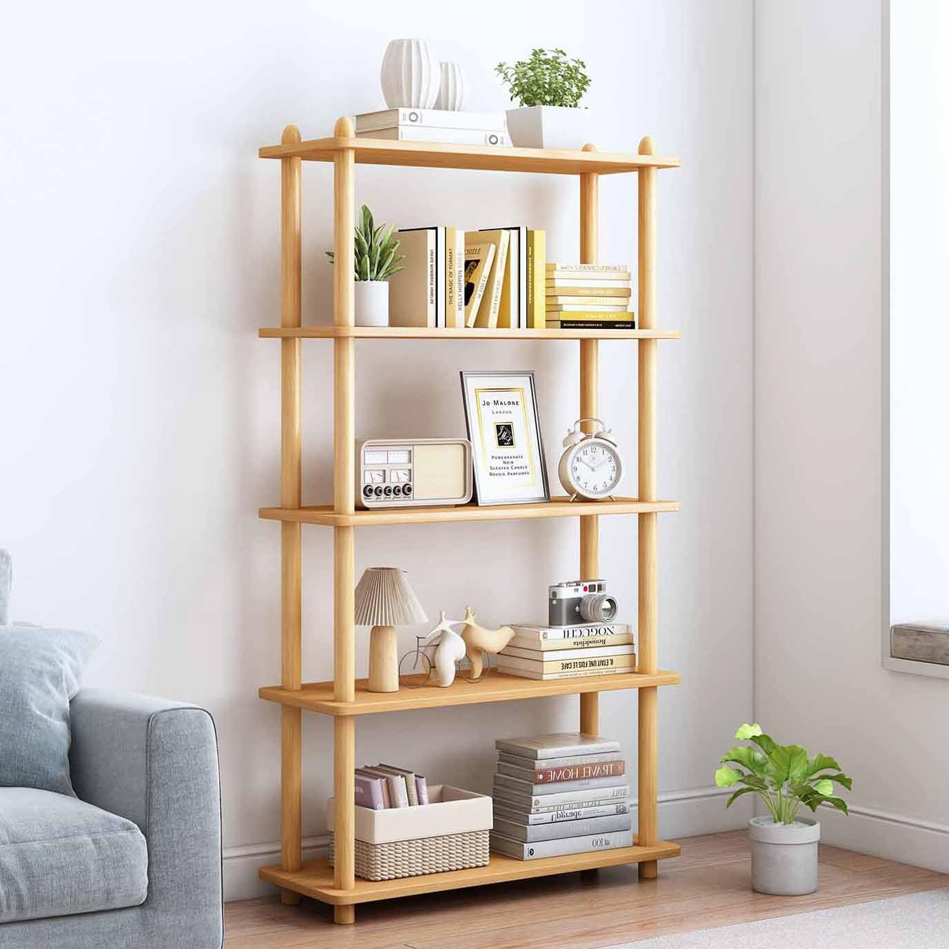 IOTXY 5-Tier Wooden Shelf Bookcase - Modern Open Bookshelf, Free Standing Storage Rack, Multifunctional Display Stand for Home and Office, White, Rectangle