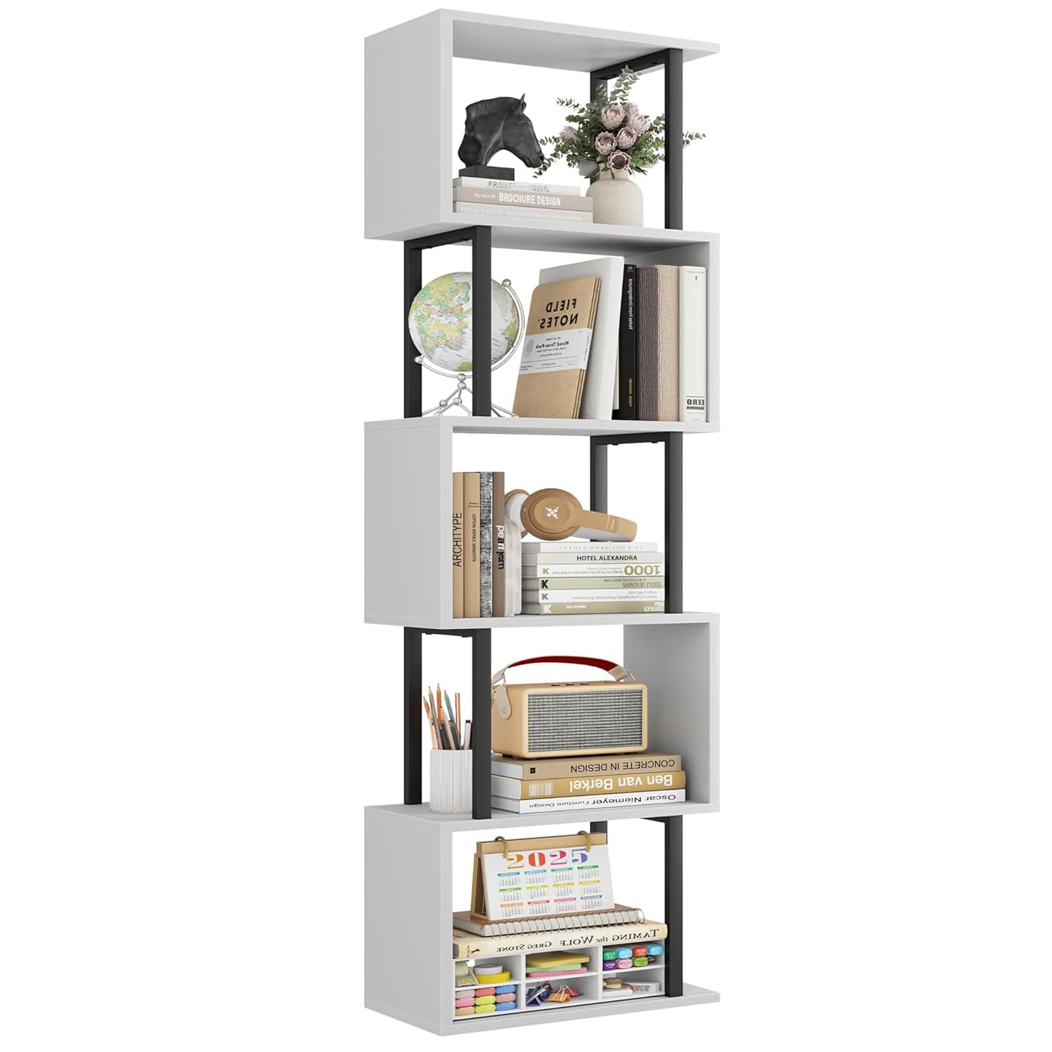 Gadroad 5 Tier Geometric Bookcase,S Shaped Bookshelf, Wood Decorative Storage Shelving, Modern Freestanding Display Shelves, Tall Book Shelf Unit for Living Room Bedroom, White