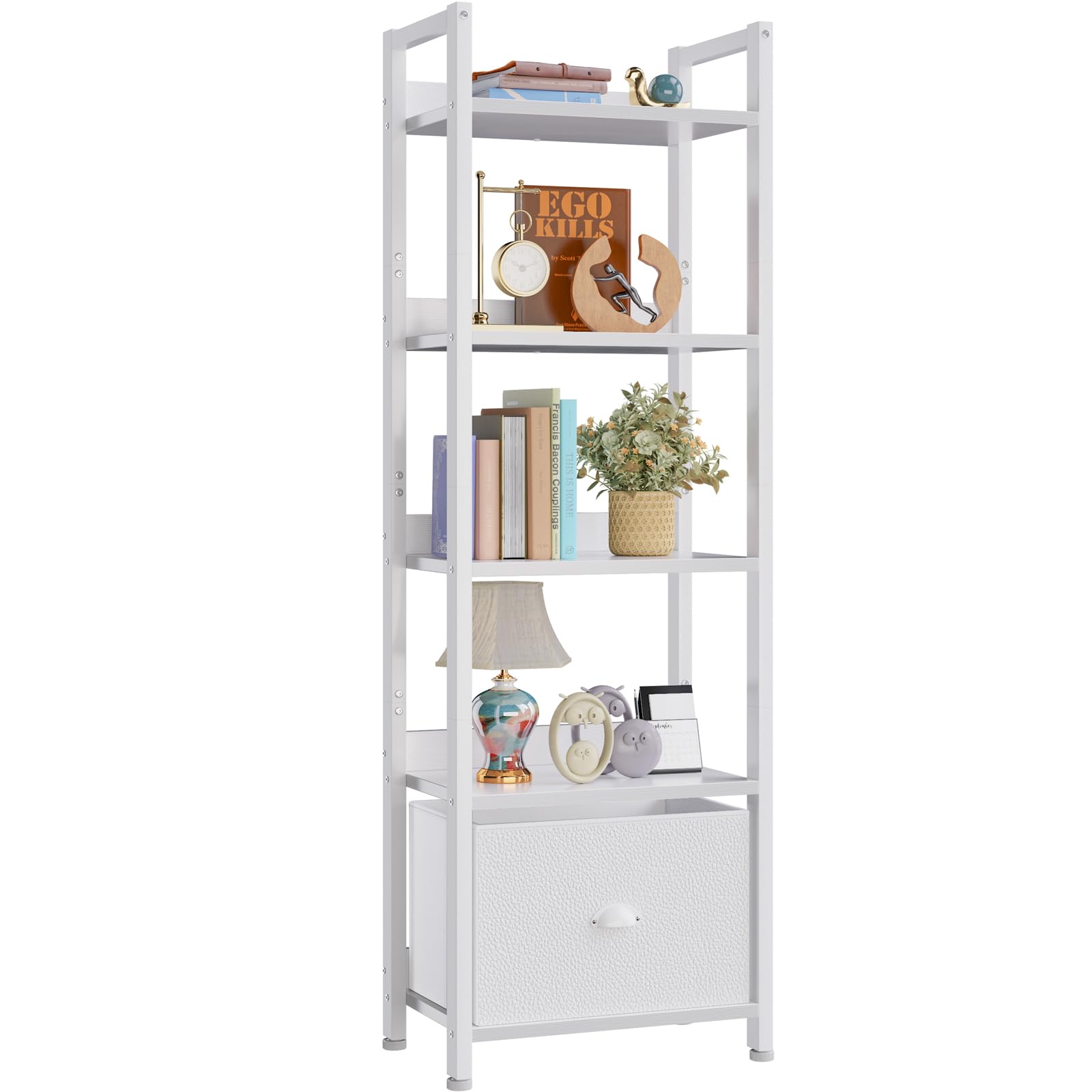 Furologee 5 Tier Bookshelf with Drawer, Tall Narrow Bookcase with Shelves, Wood and Metal Bookshelves Storage Organizer, Industrial Display Standing Shelf Unit for Bedroom, Living Room, Rustic Brown