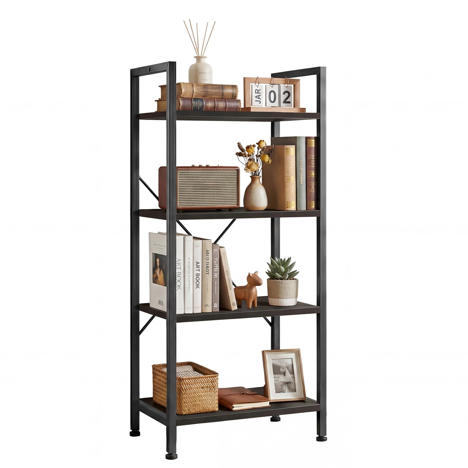 5 Tier Bookshelf, Free Standing Wooden Bookcase with Open Storage Shelves with Metal Frame, Sturdy Shelf Organization Display Rack for Living Room, Bedroom, Home Office, 62.2" Tall, Brown