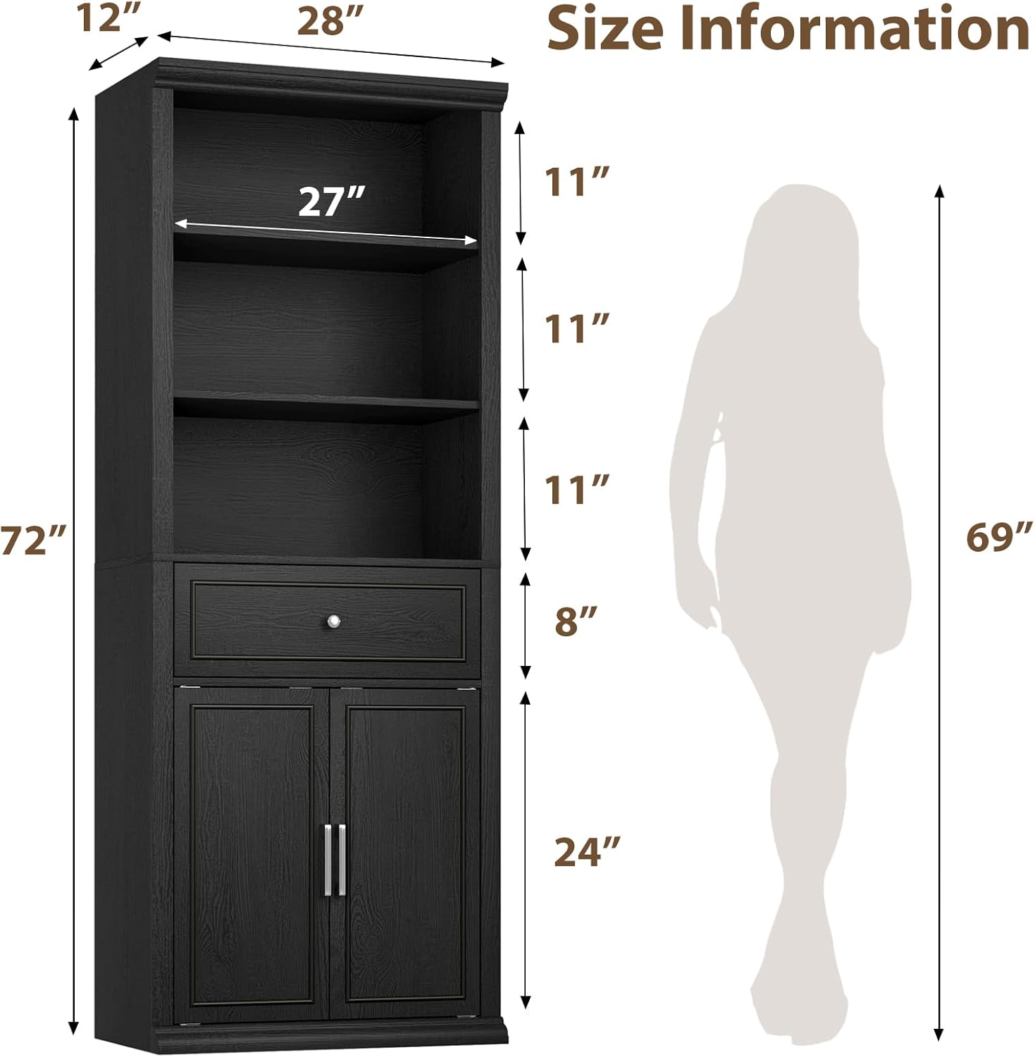 Rresyet Bookcase, 6 Tier Black Bookshelf 28" W Tall Minimalist Bookshelves with Storage Cabinet Suitable for Offices, Libraries, Living Rooms
