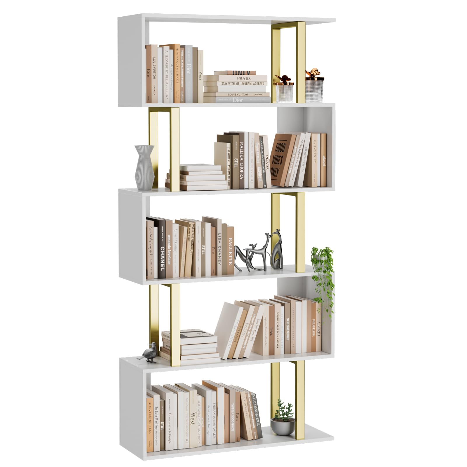 Gadroad 5 Tier Geometric Bookcase,S Shaped Bookshelf, Wood Decorative Storage Shelving, Modern Freestanding Display Shelves, Tall Book Shelf Unit for Living Room Bedroom, White