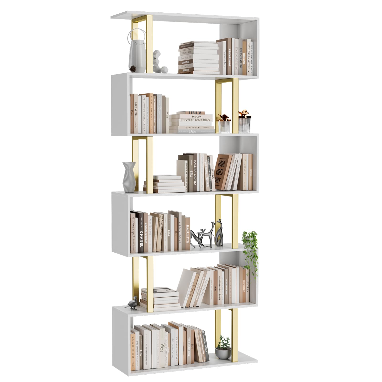 Gadroad 5 Tier Geometric Bookcase,S Shaped Bookshelf, Wood Decorative Storage Shelving, Modern Freestanding Display Shelves, Tall Book Shelf Unit for Living Room Bedroom, White
