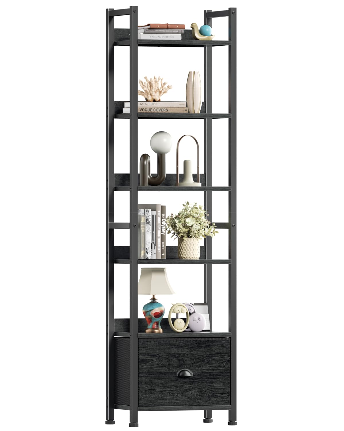 Furologee 5 Tier Bookshelf with Drawer, Tall Narrow Bookcase with Shelves, Wood and Metal Bookshelves Storage Organizer, Industrial Display Standing Shelf Unit for Bedroom, Living Room, Rustic Brown