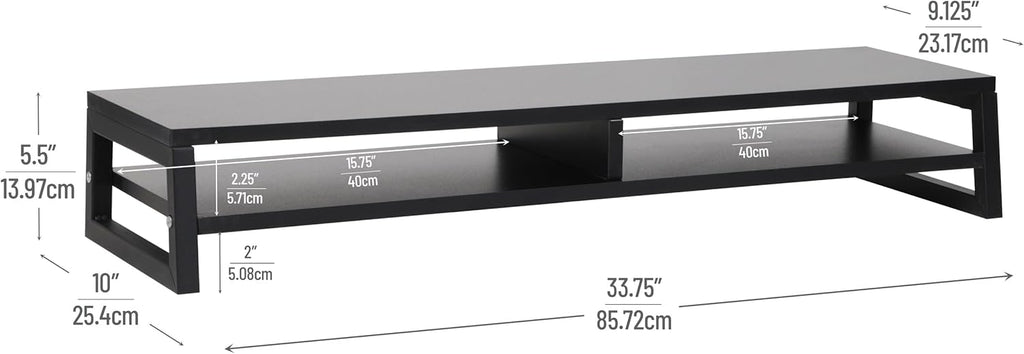 Mind Reader 2-Tier MDF Double Monitor Stand, Dual Screen Riser with Storage Shelf, 33.75 Inch Wide, 88 lb Capacity, Black