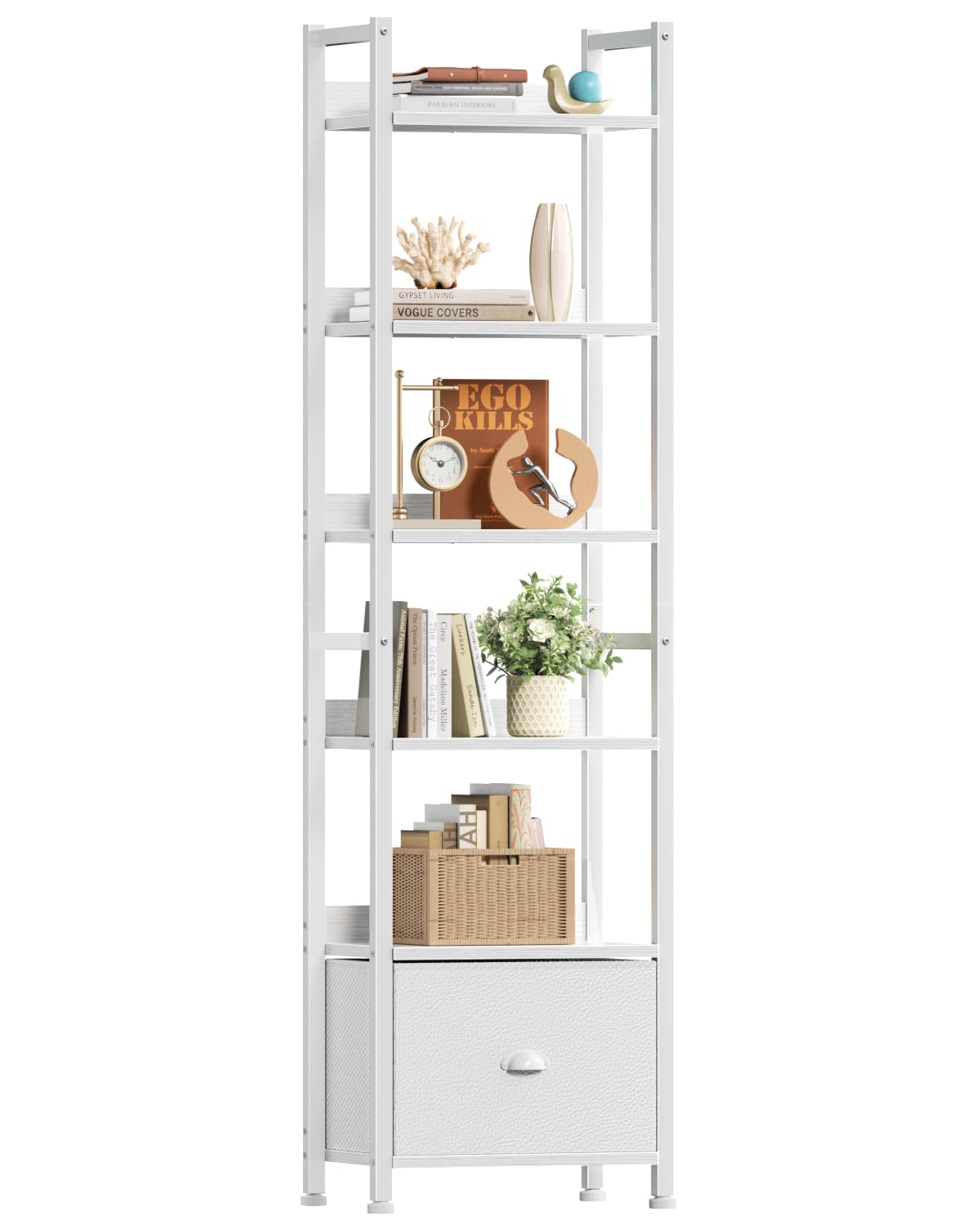 Furologee 5 Tier Bookshelf with Drawer, Tall Narrow Bookcase with Shelves, Wood and Metal Bookshelves Storage Organizer, Industrial Display Standing Shelf Unit for Bedroom, Living Room, Rustic Brown