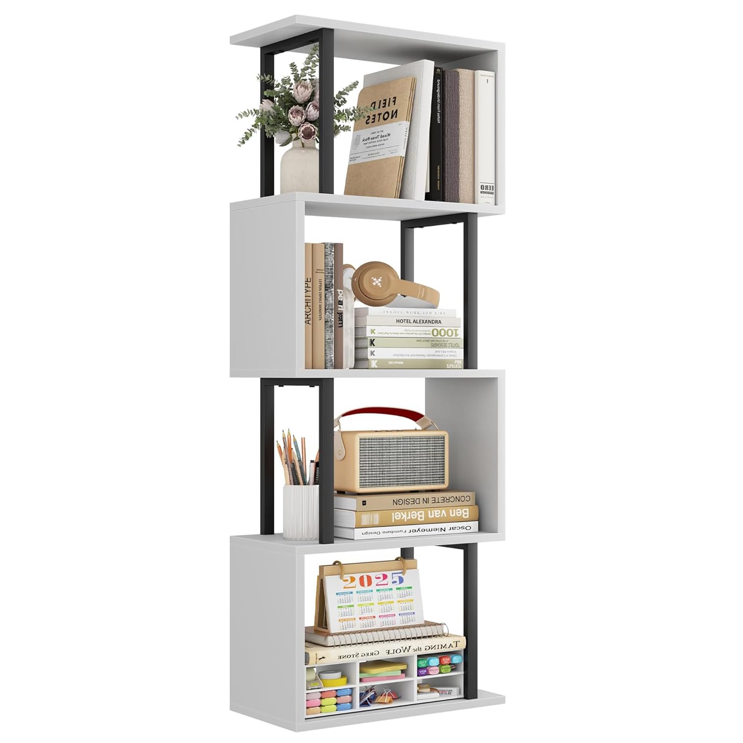 Gadroad 5 Tier Geometric Bookcase,S Shaped Bookshelf, Wood Decorative Storage Shelving, Modern Freestanding Display Shelves, Tall Book Shelf Unit for Living Room Bedroom, White