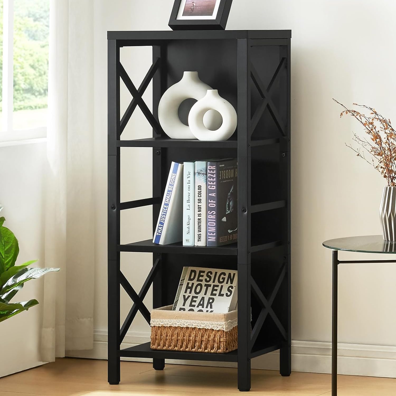 MNEETRUNG Small Bookshelf,3 Tier Industrial Bookcase with Metal Frame and Backboard,Low Rustic Brown Book Shelf,Book case for Small Spaces,Living Room,Bedroom and Home Office