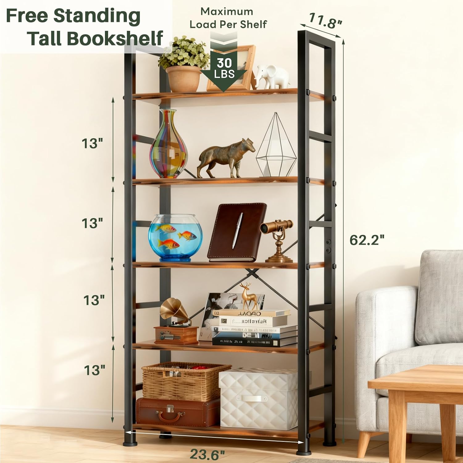 5 Tier Bookshelf, Free Standing Wooden Bookcase with Open Storage Shelves with Metal Frame, Sturdy Shelf Organization Display Rack for Living Room, Bedroom, Home Office, 62.2" Tall, Brown