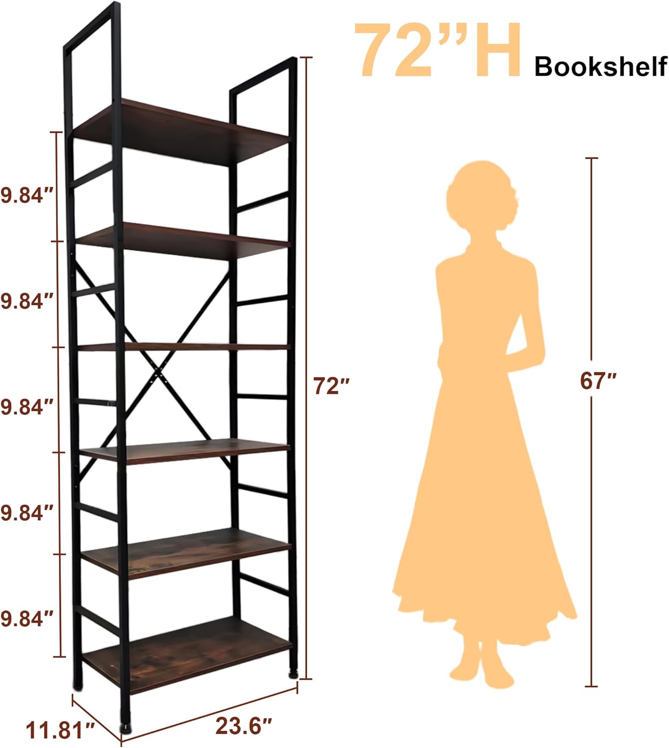 Book Shelf,6 Tier Bookshelves,Industrial Wood Bookcase,72" H Ladder Bookshelf,Home Office Bookcase Shelf Storage Organizer,Ladder Shelf for Bedroom,Living Room