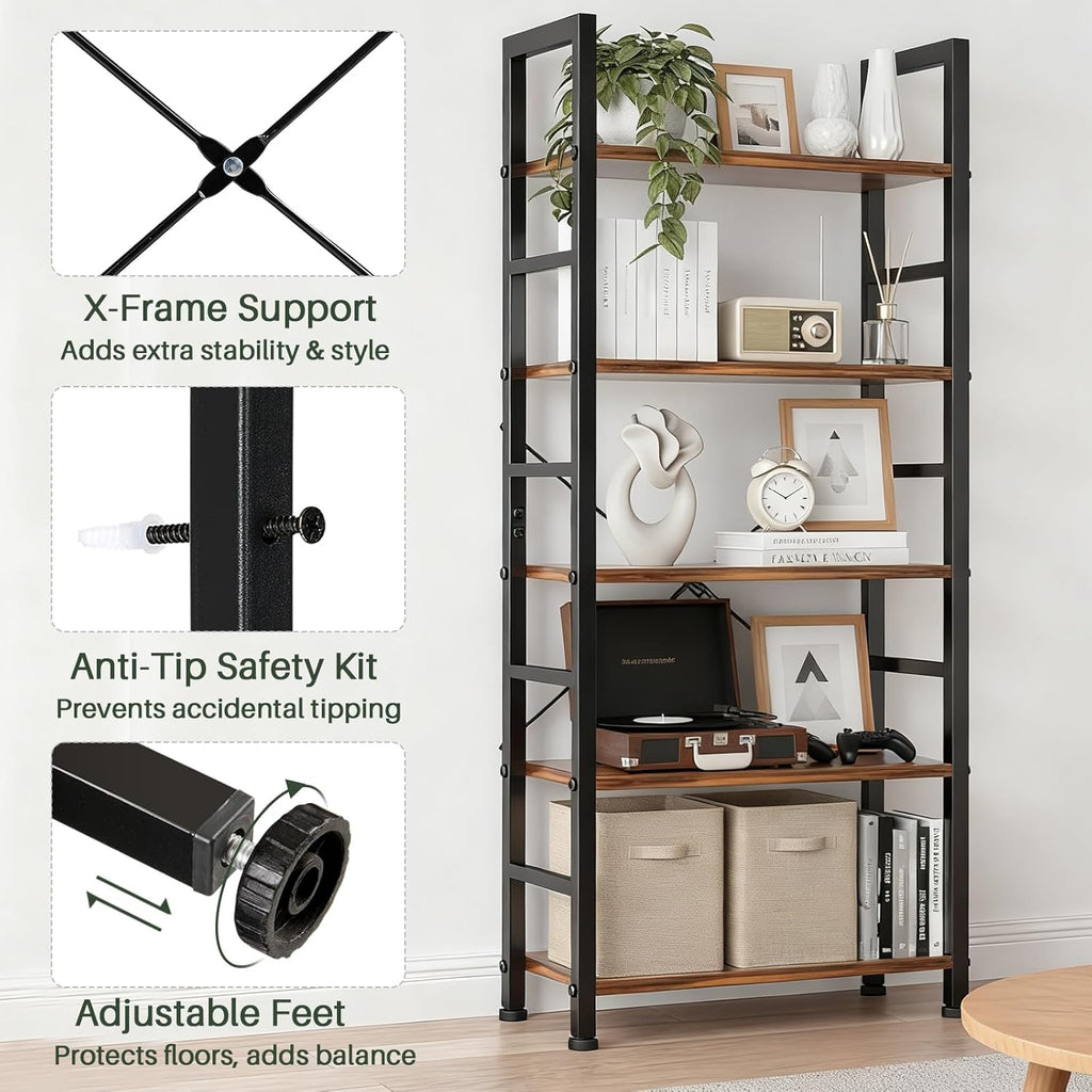 5 Tier Bookshelf, Free Standing Wooden Bookcase with Open Storage Shelves with Metal Frame, Sturdy Shelf Organization Display Rack for Living Room, Bedroom, Home Office, 62.2" Tall, Brown