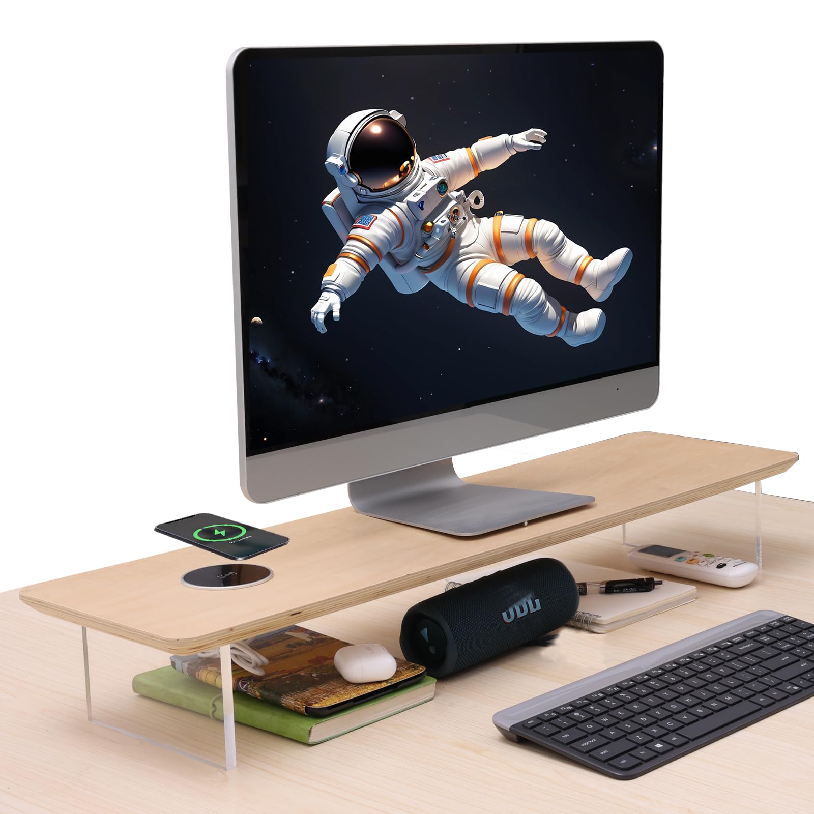 SUIBIAN Black Monitor Stand Riser with Wireless Charging 31.5Inch Large, Computer Monitor Stand,Wooden Desktop Organizer Shelf for Office Desk Computer,Laptop,TV (Black Oak)