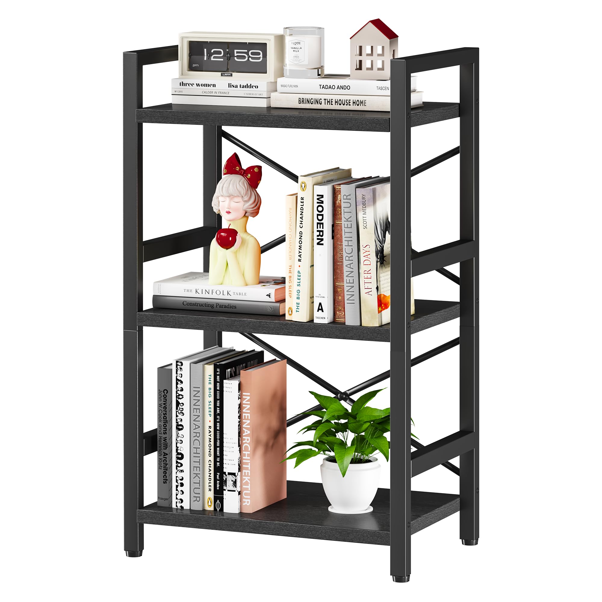 Homeiju Bookshelf, 3 Tier Industrial Bookcase, Metal Small Bookcase, Rustic Etagere Book Shelf Storage Organizer for Living Room, Bedroom, and Home Office(Rustic Brown) Patent Pending D29873033