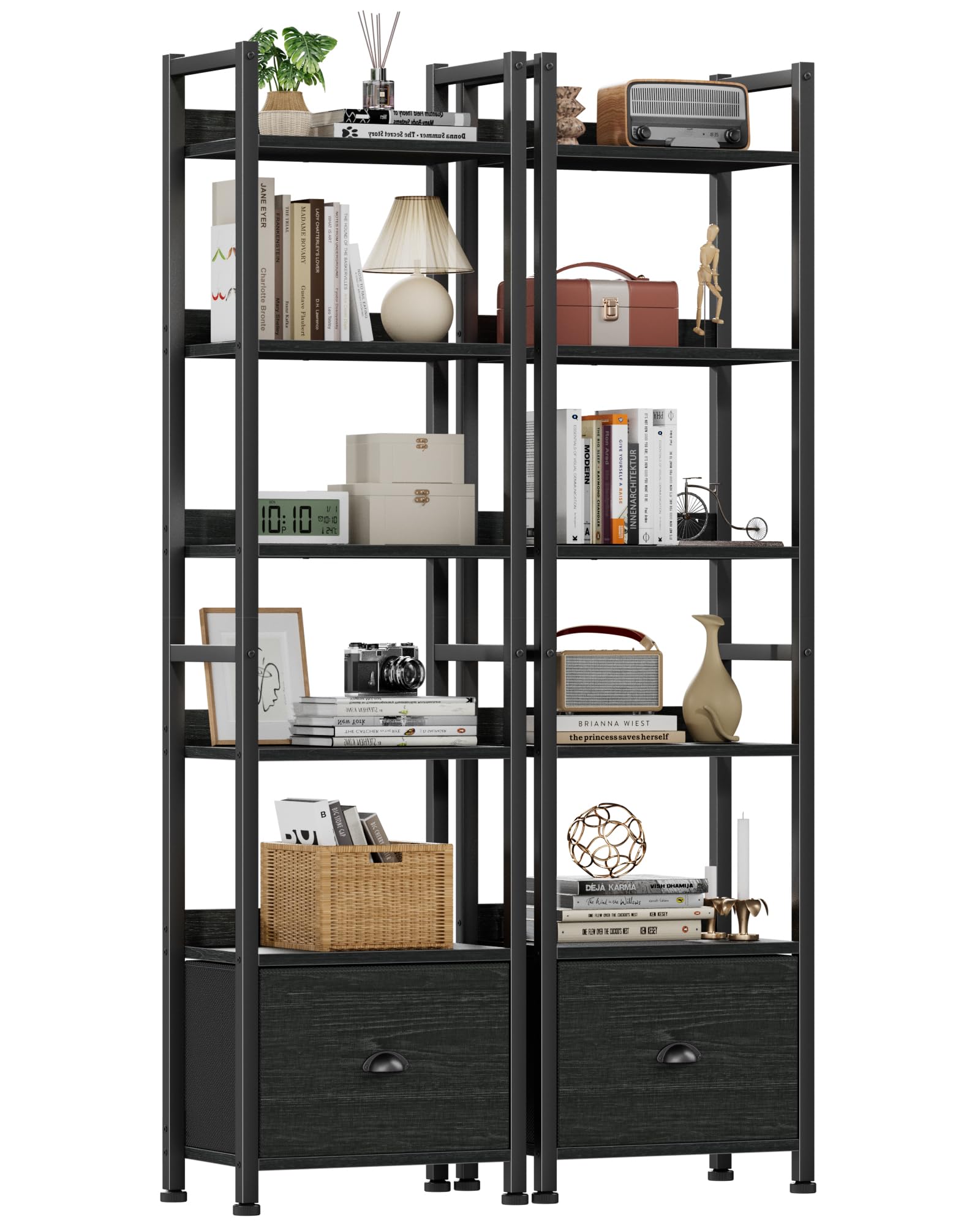 Furologee 5 Tier Bookshelf with Drawer, Tall Narrow Bookcase with Shelves, Wood and Metal Bookshelves Storage Organizer, Industrial Display Standing Shelf Unit for Bedroom, Living Room, Rustic Brown