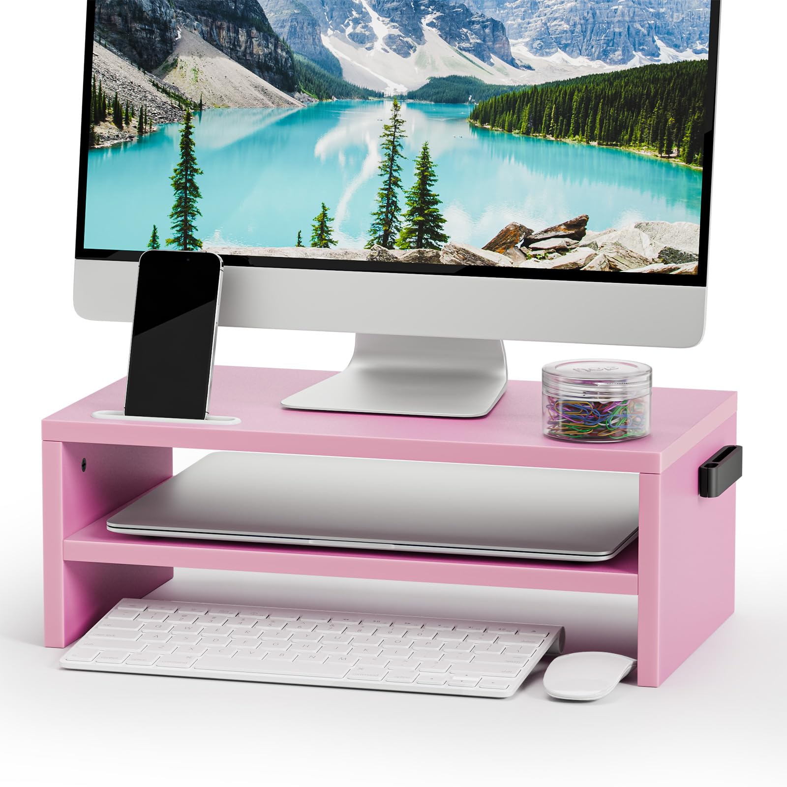Marbrasse Monitor Stand Riser, 16.5 Inch 2 Tier Computer Printer Shelf Stand for Laptop Computer Screen Storage, Desktop Stand with Phone Holder and Cable Management Black