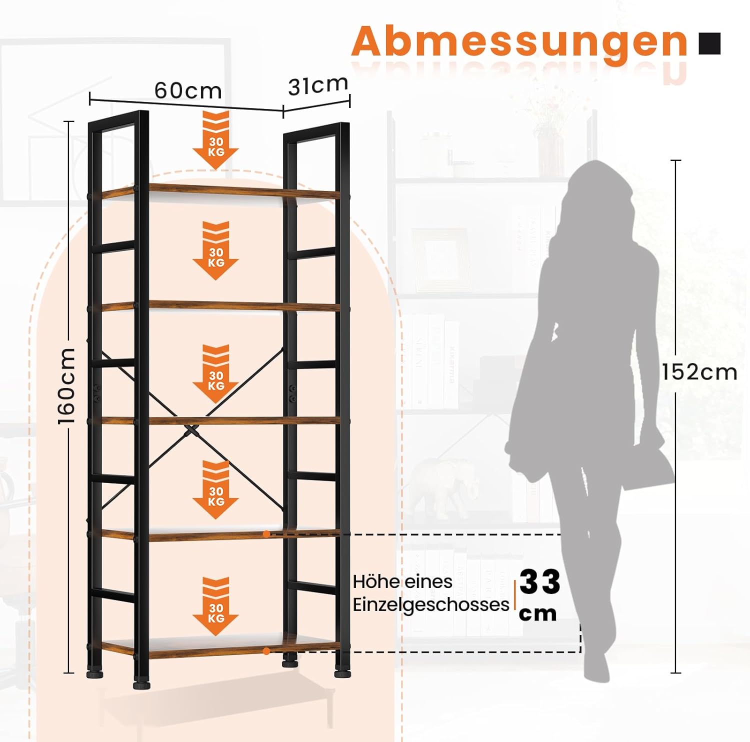 Sweetcrispy Book Shelf, 5 Tier Bookcase, Modern Tall Bookshelf Corner Storage Organizer for Garage Kit, CDs, Movies Suitable Home Office Bedroom, Kitchen, Living Room - Brown