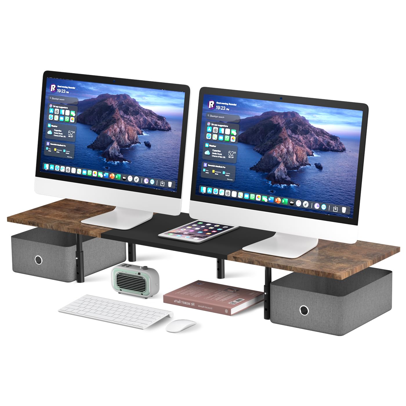 Suptek Dual Monitor Stand Riser with Two Drawers,Monitor Riser for 2 Monitors with Storage, Extra Large Storage for 2 Monitors, Multifunctional Desktop Organizer,Desktop Oraganizer Computer,Laptop,Printer,TV
