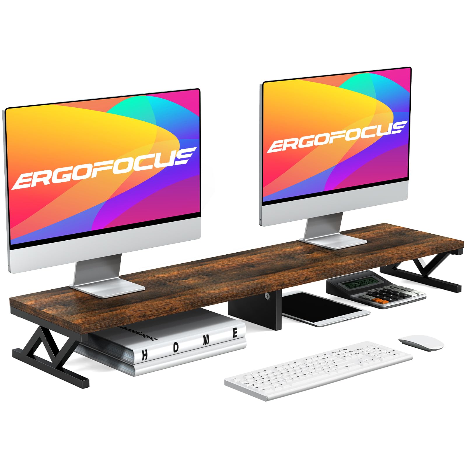 Dual Monitor Stand Riser, Large Wood Monitor Riser for 2 Monitors, Monitor Lift with Storage for Desk, Sturdy Wood&Steel Multi Screen Stand, Desktop Organizer Monitor Stand for Computer
