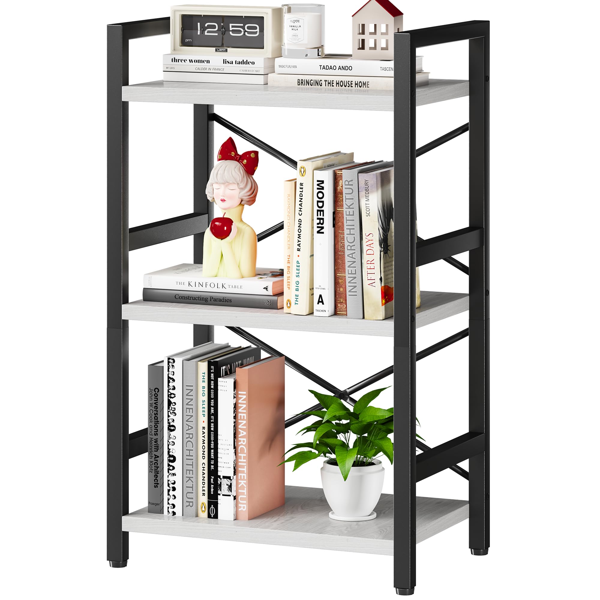Homeiju Bookshelf, 3 Tier Industrial Bookcase, Metal Small Bookcase, Rustic Etagere Book Shelf Storage Organizer for Living Room, Bedroom, and Home Office(Rustic Brown) Patent Pending D29873033