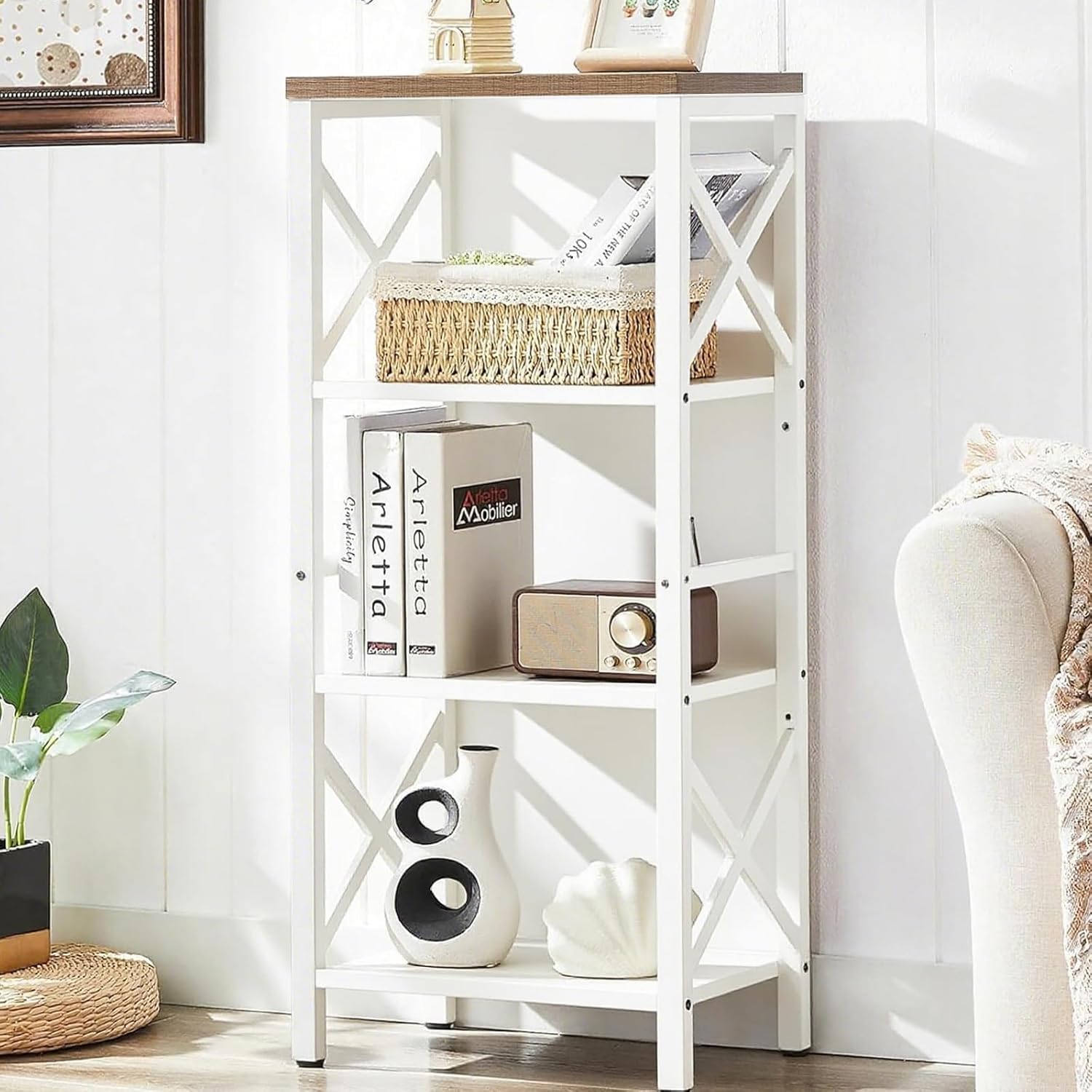 MNEETRUNG Small Bookshelf,3 Tier Industrial Bookcase with Metal Frame and Backboard,Low Rustic Brown Book Shelf,Book case for Small Spaces,Living Room,Bedroom and Home Office