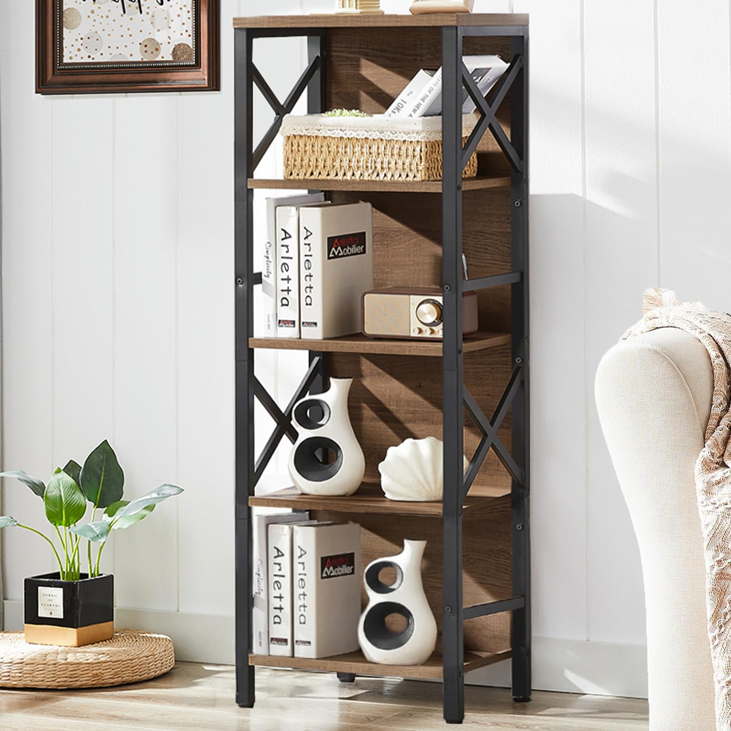 MNEETRUNG Small Bookshelf,3 Tier Industrial Bookcase with Metal Frame and Backboard,Low Rustic Brown Book Shelf,Book case for Small Spaces,Living Room,Bedroom and Home Office