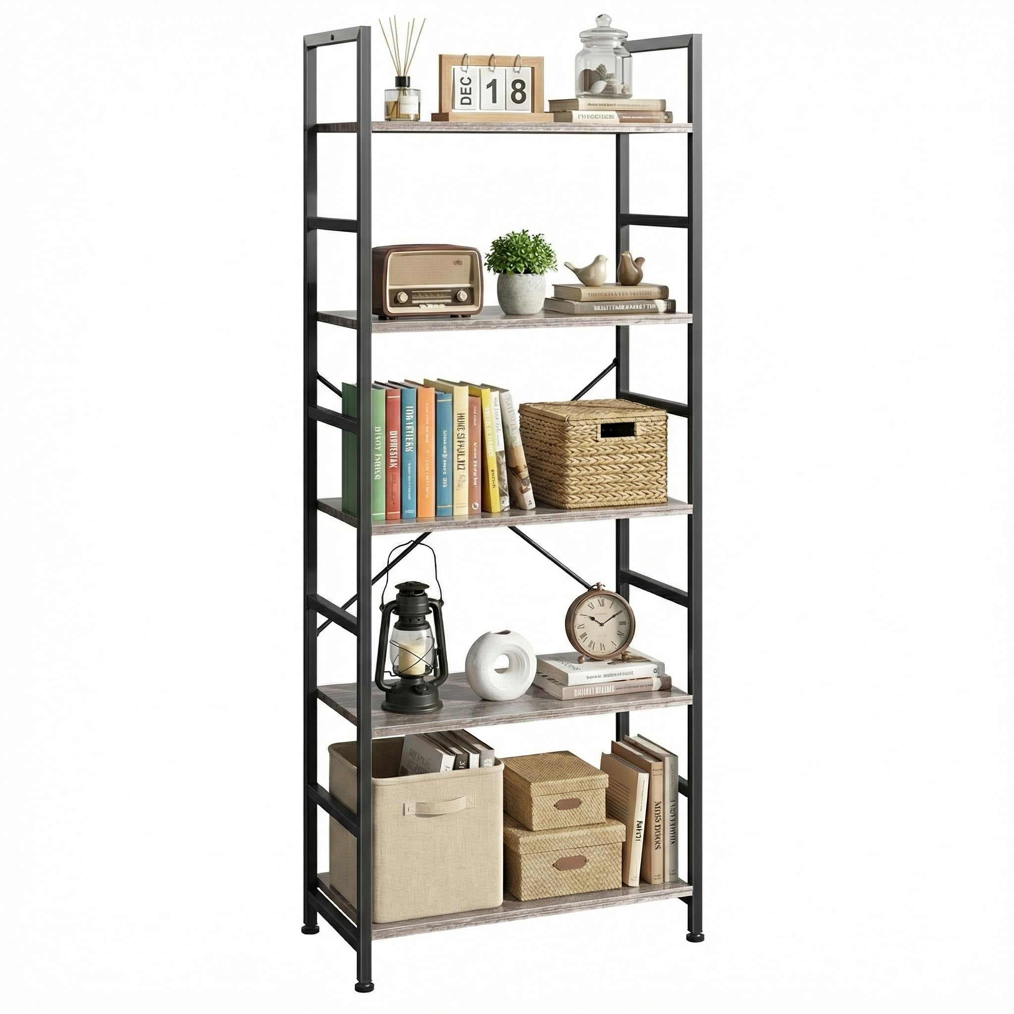 DUMOS 5 Tiers Bookshelf, Classical Modern Book Shelf, Tall Display Shelves in Living Room/Home/Office, Storage Organizer for CDs/Books/Movies, Rustic Brown