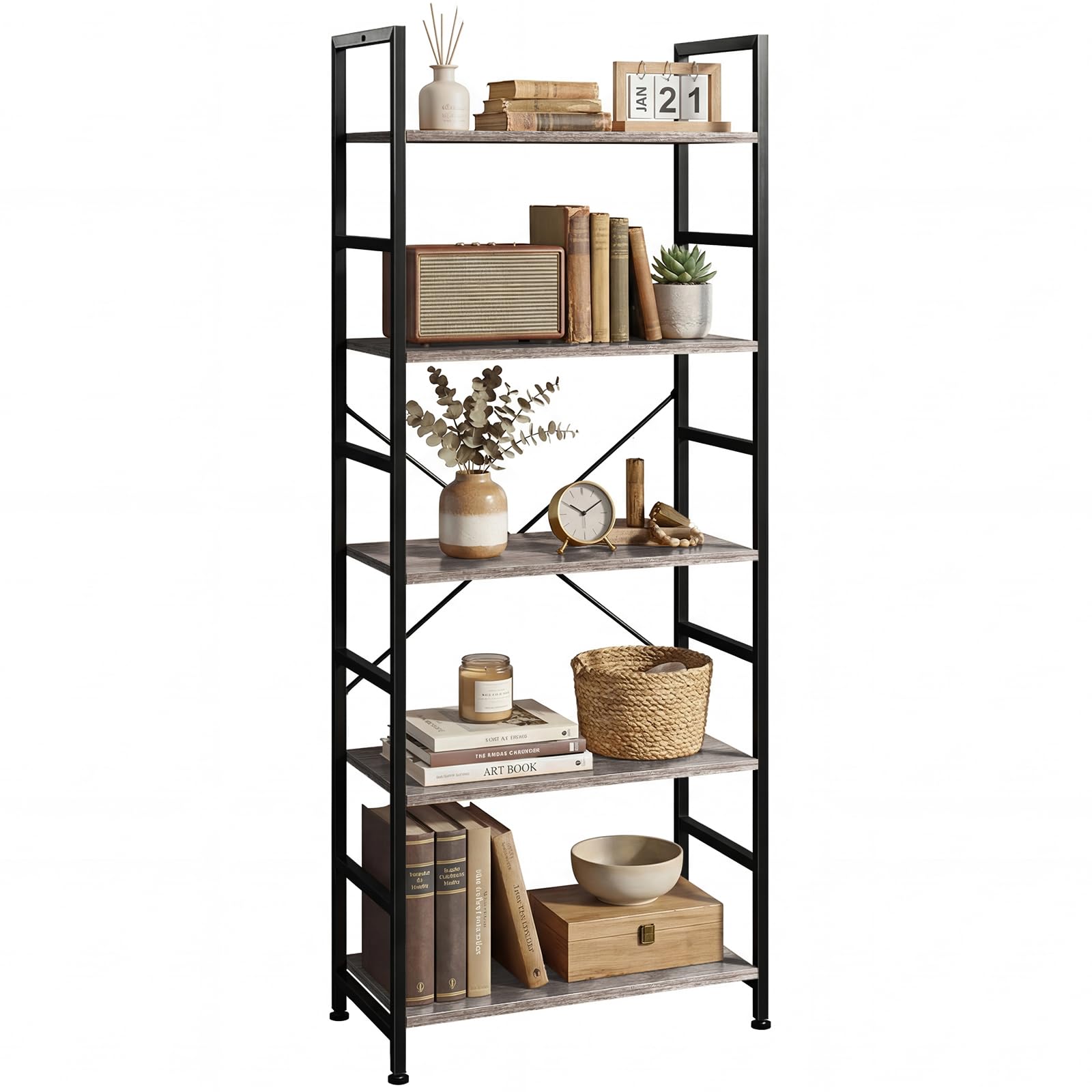 5 Tier Bookshelf, Free Standing Wooden Bookcase with Open Storage Shelves with Metal Frame, Sturdy Shelf Organization Display Rack for Living Room, Bedroom, Home Office, 62.2" Tall, Brown