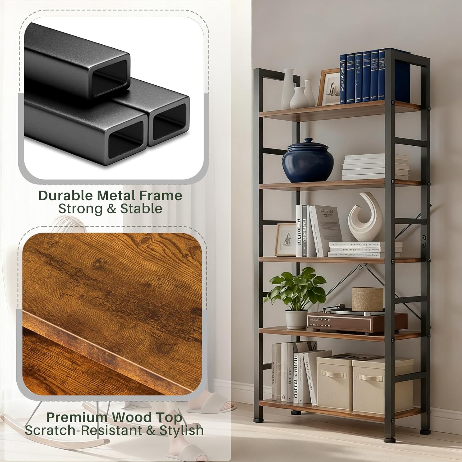 5 Tier Bookshelf, Free Standing Wooden Bookcase with Open Storage Shelves with Metal Frame, Sturdy Shelf Organization Display Rack for Living Room, Bedroom, Home Office, 62.2" Tall, Brown