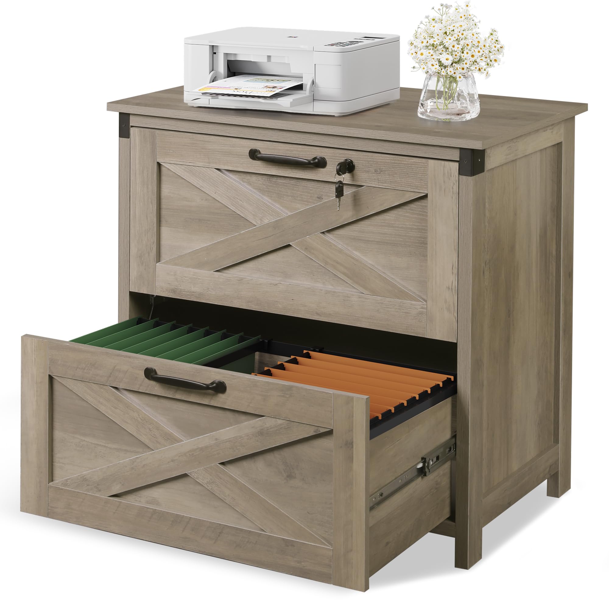 DEVAISE 2 Drawer File Cabinet with Lock, Wood Farmhouse Filing Cabinet for Home Office, Printer Stand Fits Letter and A4 Size, White