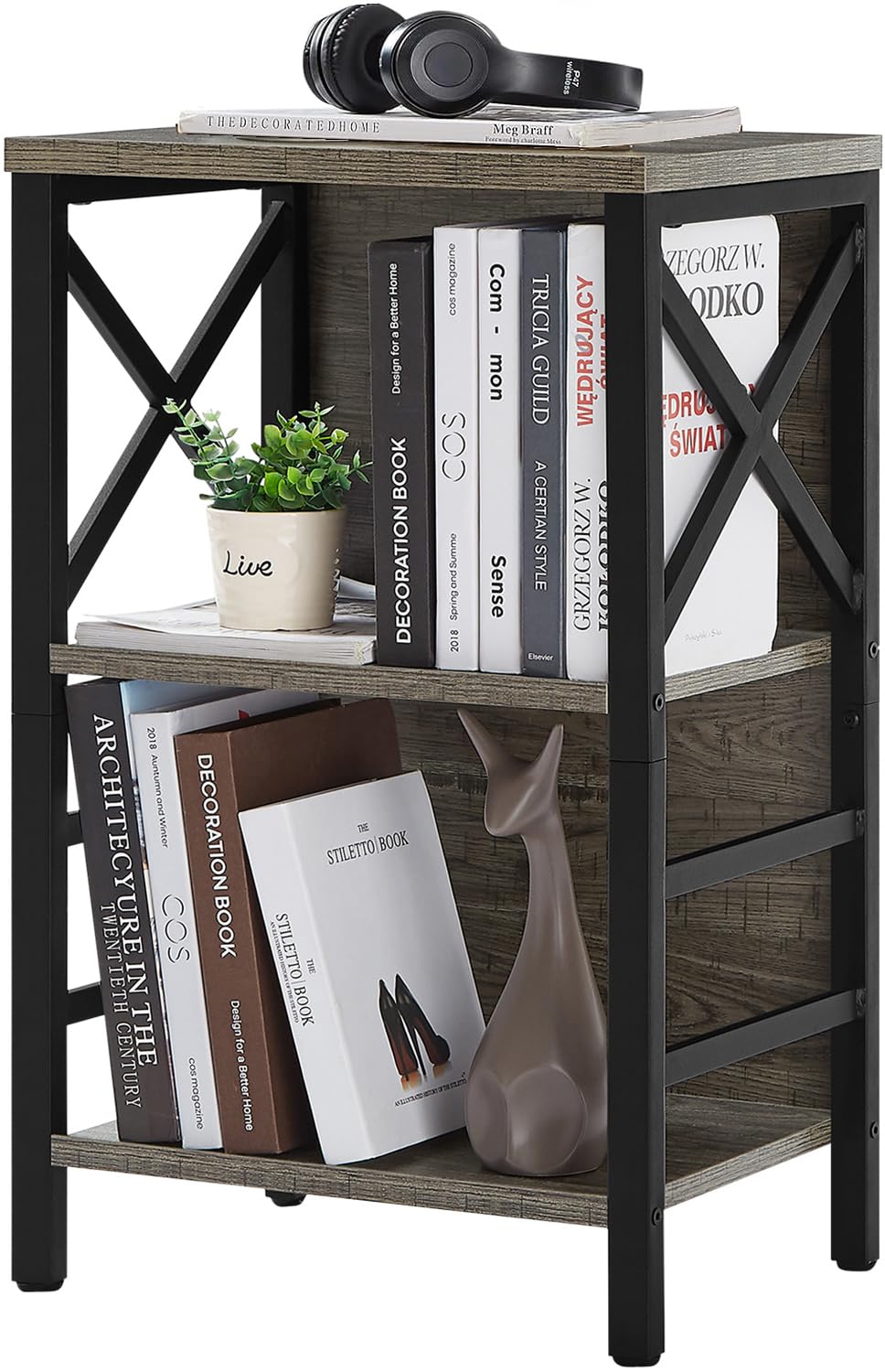 MNEETRUNG Small Bookshelf,3 Tier Industrial Bookcase with Metal Frame and Backboard,Low Rustic Brown Book Shelf,Book case for Small Spaces,Living Room,Bedroom and Home Office