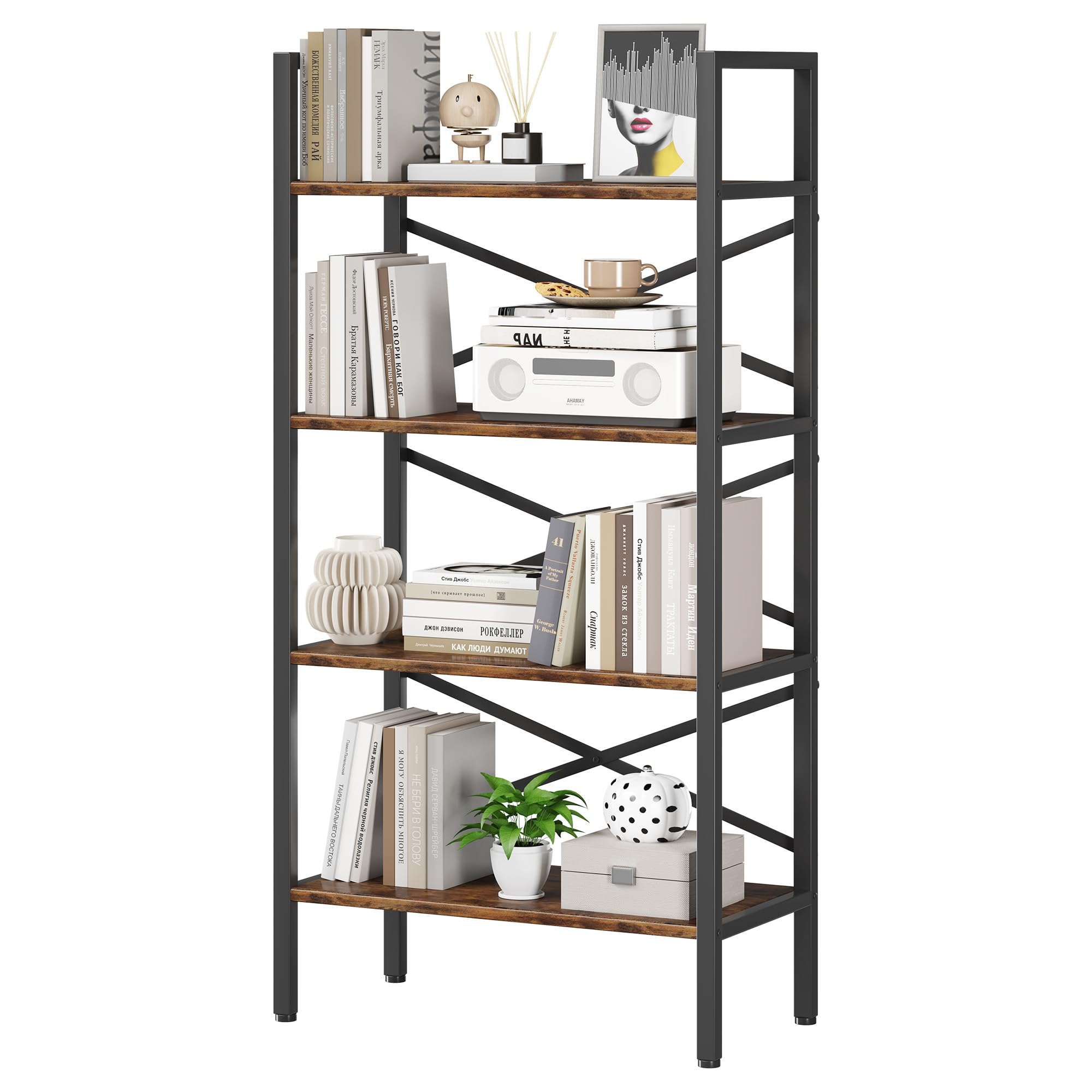 Homeiju Bookshelf, 3 Tier Industrial Bookcase, Metal Small Bookcase, Rustic Etagere Book Shelf Storage Organizer for Living Room, Bedroom, and Home Office(Rustic Brown) Patent Pending D29873033