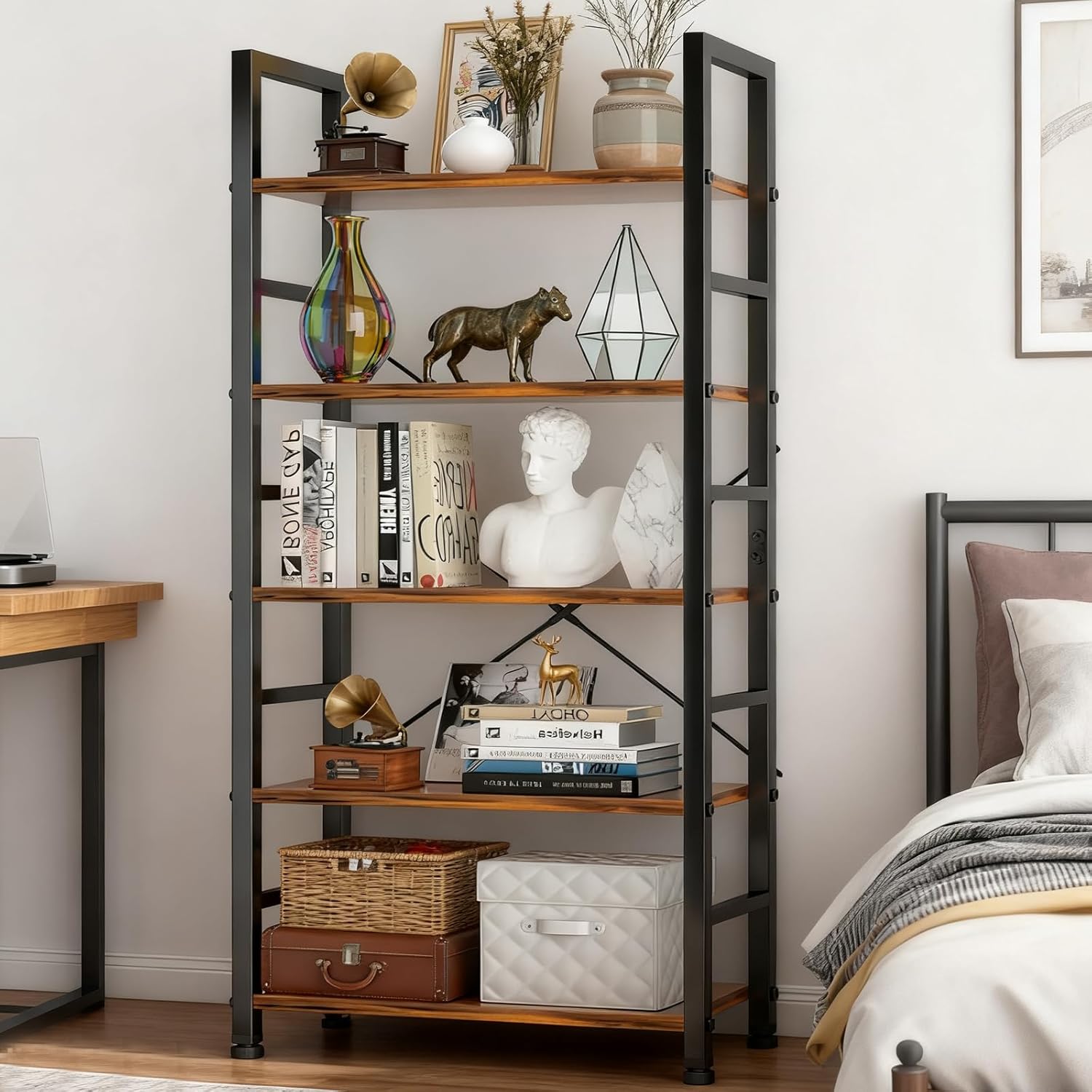 5 Tier Bookshelf, Free Standing Wooden Bookcase with Open Storage Shelves with Metal Frame, Sturdy Shelf Organization Display Rack for Living Room, Bedroom, Home Office, 62.2" Tall, Brown
