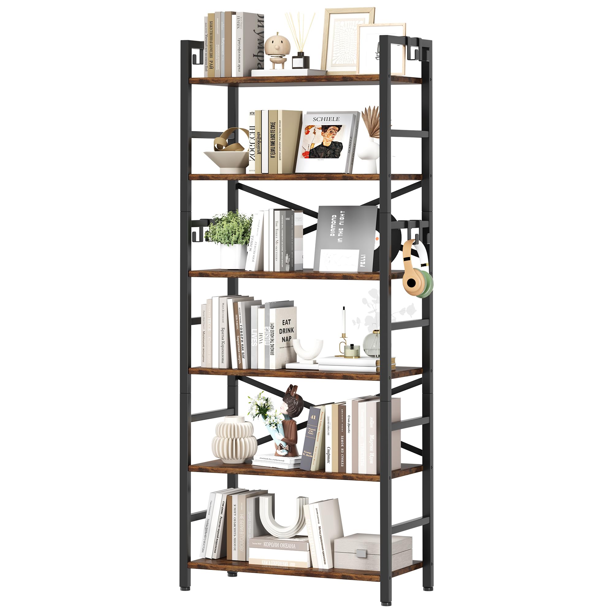 Homeiju Bookshelf, 3 Tier Industrial Bookcase, Metal Small Bookcase, Rustic Etagere Book Shelf Storage Organizer for Living Room, Bedroom, and Home Office(Rustic Brown) Patent Pending D29873033